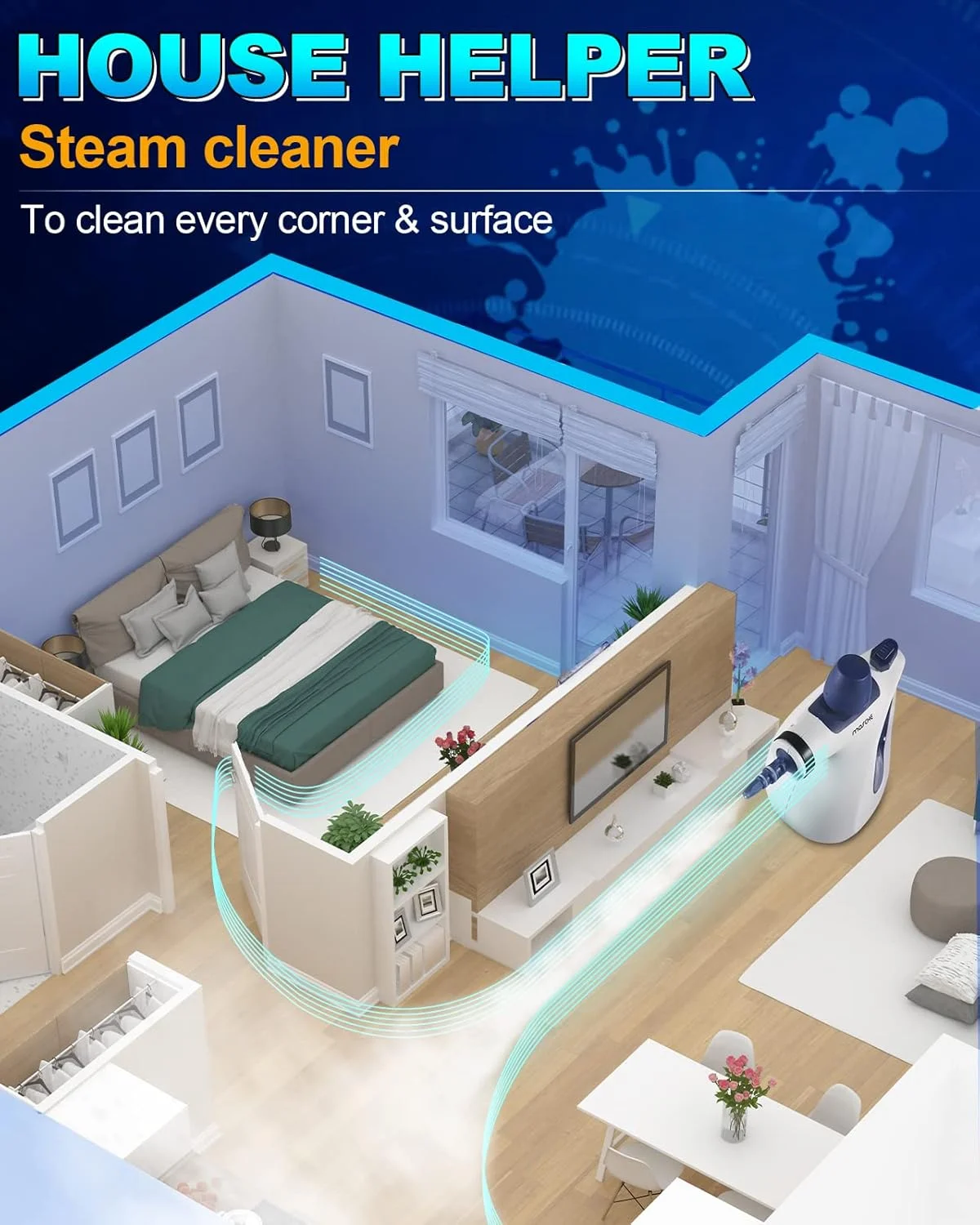 دستگاه بخارشوی بدون مواد شیمیایی MOSCHE با 9 قطعه جانبی، مناسب برای از بین بردن لکه ها، فرش، پرده، صندلی ماشین، سطوح آشپزخانه و موارد دیگر...