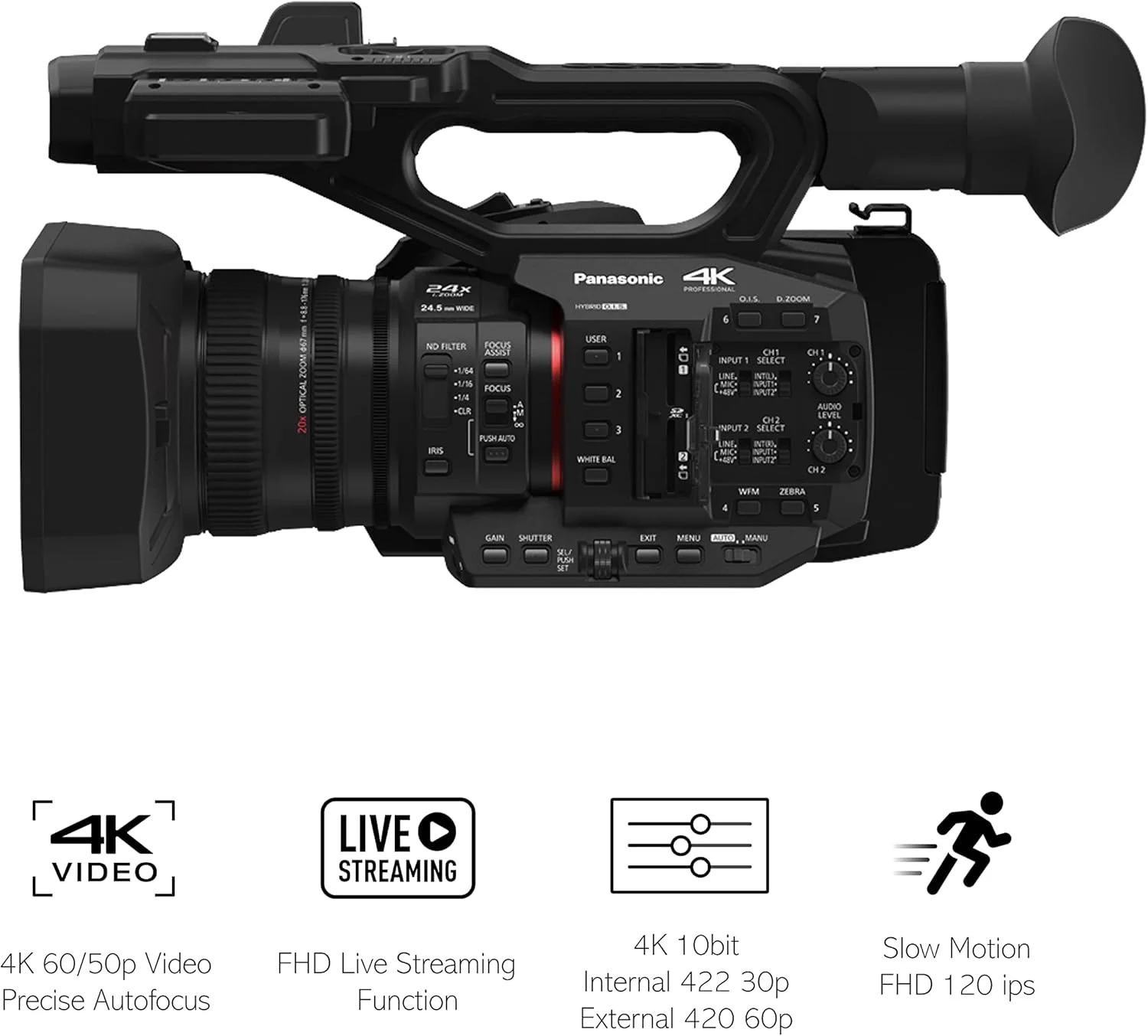 دوربین فیلمبرداری نیمه حرفه ای 4K پاناسونیک HC-X20E با حسگر MOS بزرگ 1.0 اینچی، زوم اپتیکال 20 برابر (24.5-490 میلی متر) با تثبیت کننده تصویر 5 محوره، مشکی دوربین فیلمبرداری نیمه حرفه ای 4K پاناسونیک HC-X20E با حسگر MOS بزرگ 1.0 اینچی، زوم اپتیکال 20 برابر (24.5-490 میلی متر) با تثبیت کننده تصویر 5 محوره، مشکی