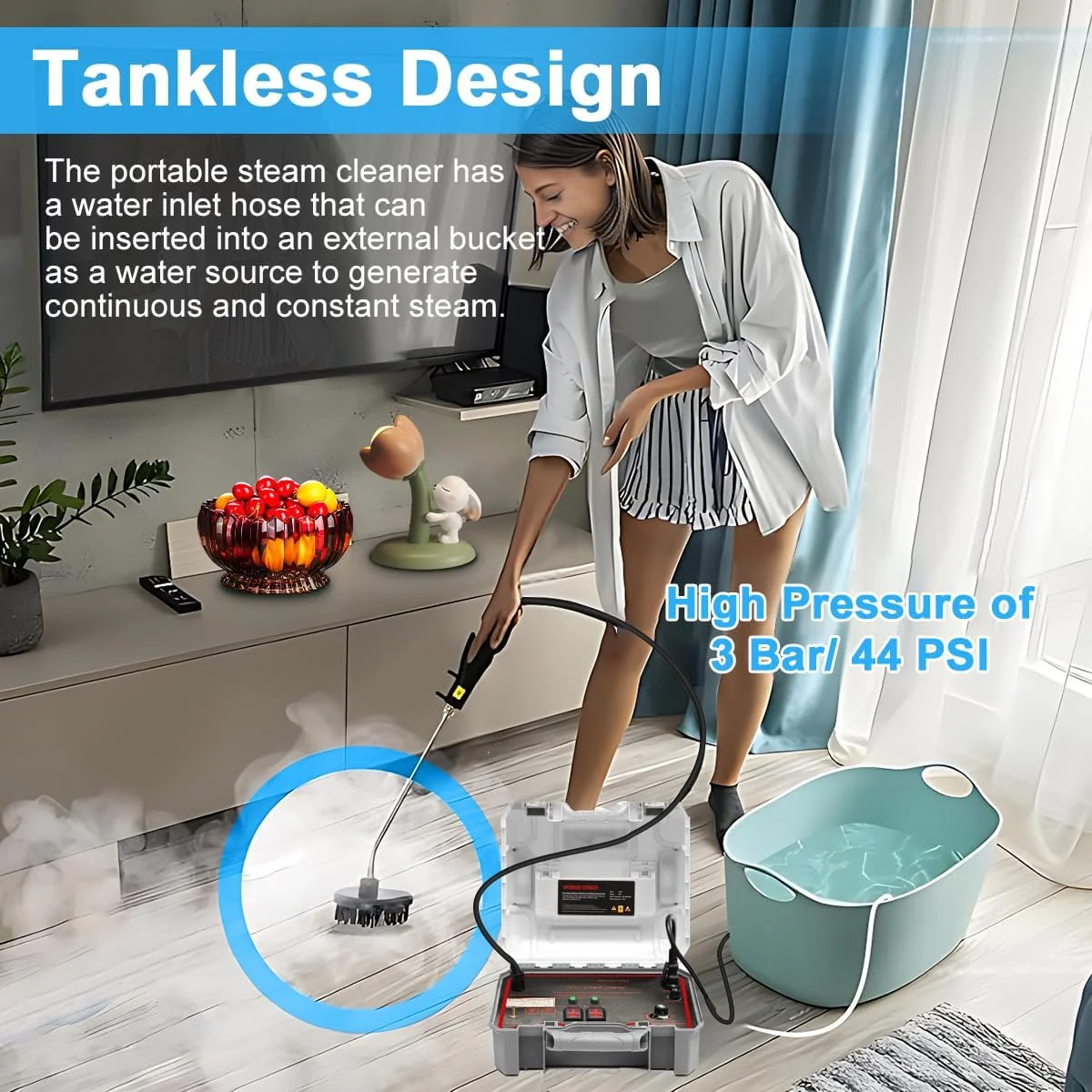 بخارشوی دستی 2500 واتی با فشار بالا، دستگاه بخارشوی قابل حمل با 3 برس، بخارشوی برقی قدرتمند بدون مخزن برای مصارف خانگی، آشپزخانه، حمام، کاشی، سطوح سخت و جزئیات خودرو