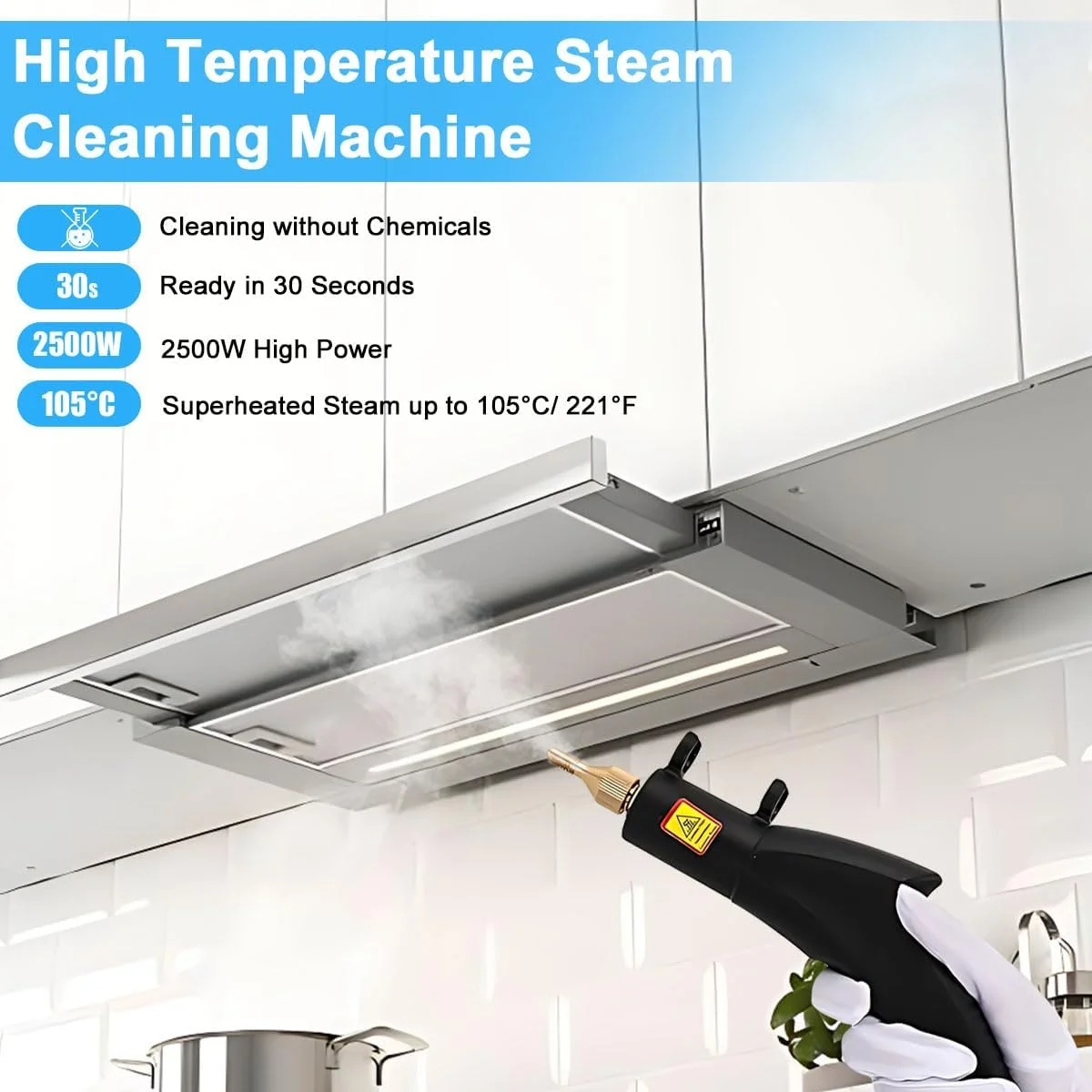 بخارشوی دستی 2500 واتی با فشار بالا، دستگاه بخارشوی قابل حمل با 3 برس، بخارشوی برقی قدرتمند بدون مخزن برای مصارف خانگی، آشپزخانه، حمام، کاشی، سطوح سخت و جزئیات خودرو