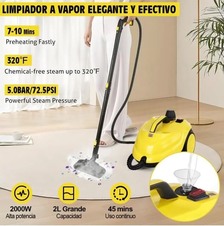 دستگاه بخارشوی حرفه ای با توان 2000 وات، زرد، مخزن 2 لیتری، اتصالات متعدد، بخار 160 درجه سانتیگراد بدون مواد شیمیایی، فشار 5 بار برای کف، خودرو، حمام، آشپزخانه