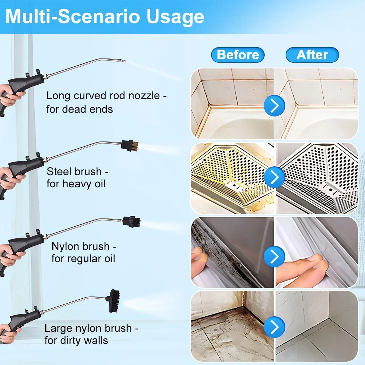 بخارشوی دستی 2500 واتی با فشار بالا، دستگاه بخارشوی قابل حمل با 3 برس، بخارشوی برقی قدرتمند بدون مخزن برای مصارف خانگی، آشپزخانه، حمام، کاشی، سطوح سخت و جزئیات خودرو