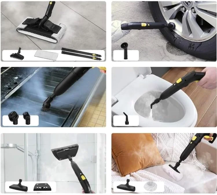 دستگاه بخارشوی حرفه ای با توان 2000 وات، زرد، مخزن 2 لیتری، اتصالات متعدد، بخار 160 درجه سانتیگراد بدون مواد شیمیایی، فشار 5 بار برای کف، خودرو، حمام، آشپزخانه