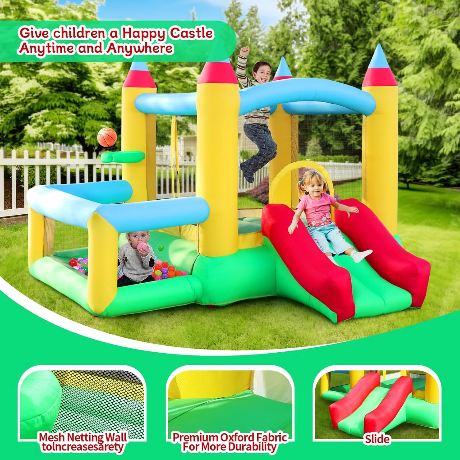 قلعه بادی با سرسره، جامپینگ کسل با دمنده و استخر توپ، بازی بسکتبال، خانه بادی 4 در 1 با سرسره