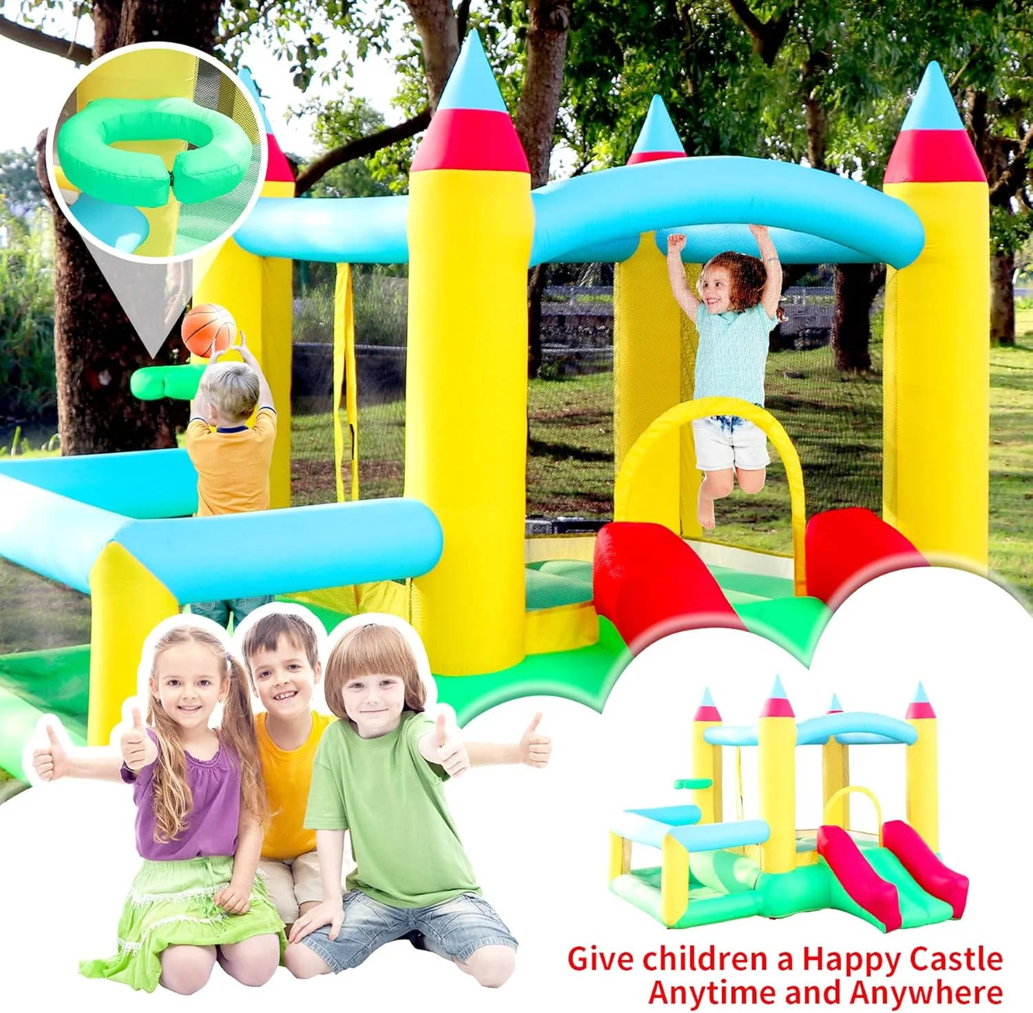 قلعه بادی با سرسره، جامپینگ کسل با دمنده و استخر توپ، بازی بسکتبال، خانه بادی 4 در 1 با سرسره