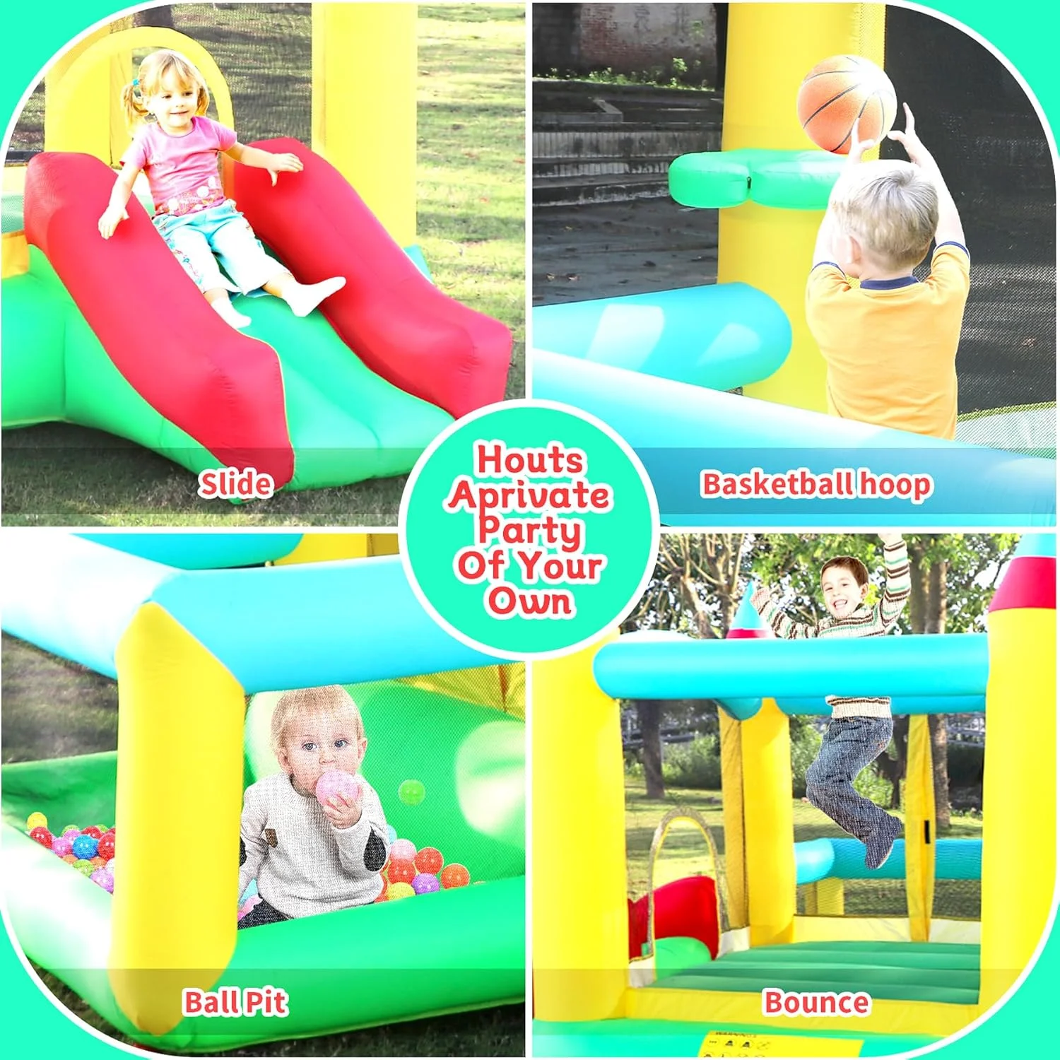 قلعه بادی با سرسره، جامپینگ کسل با دمنده و استخر توپ، بازی بسکتبال، خانه بادی 4 در 1 با سرسره