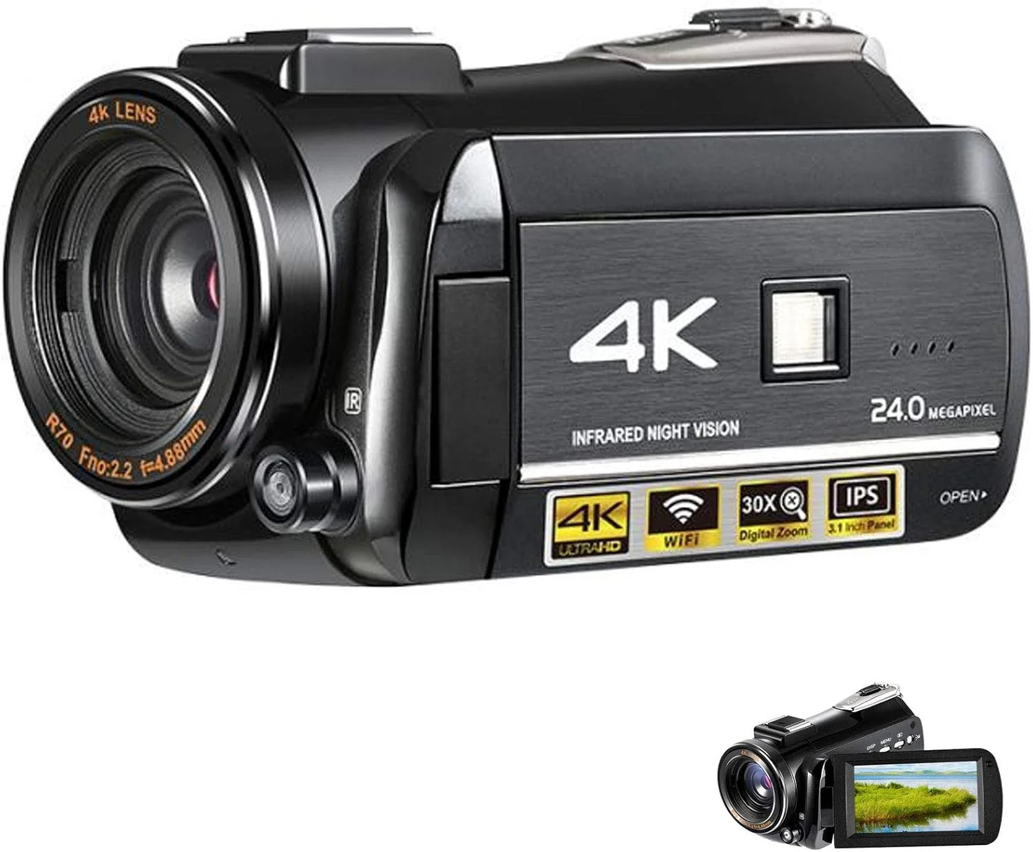 دوربین فیلمبرداری 0 درجه سانتیگراد مناسب فضای باز، دوربین فیلمبرداری 4K 30FPS 24MP دید در شب IR با زوم دیجیتال 30 برابر، دارای خروجی تلویزیون و کنترل از راه دور، دوربین قابل حمل