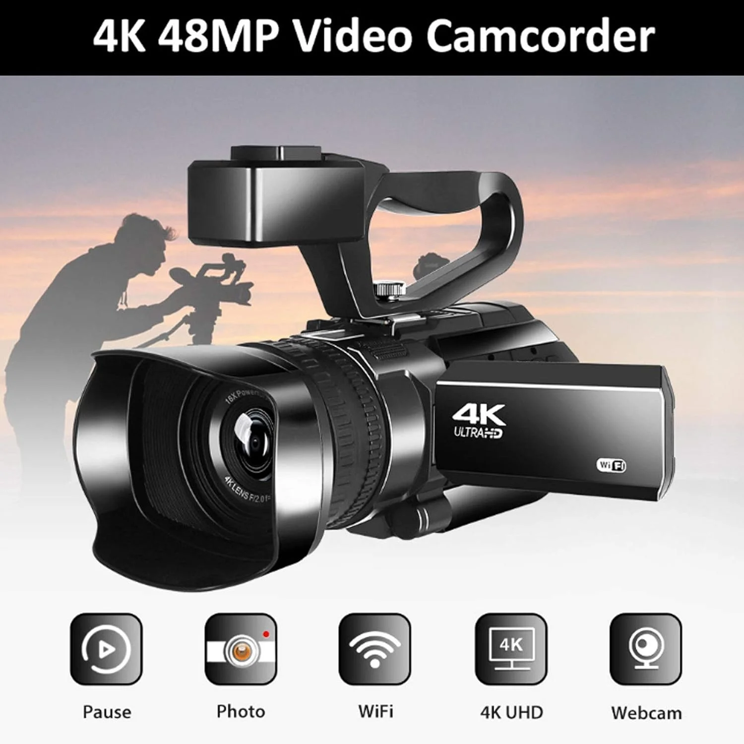 دوربین فیلمبرداری 4K دیجیتال وای فای برای ولاگ با میکروفون برای یوتیوب 48 مگاپیکسل زوم دیجیتال 30 برابر، صفحه نمایش 3.0 اینچی، وب کم و عملکرد مکث، عملکرد دید در شب مادون قرمز