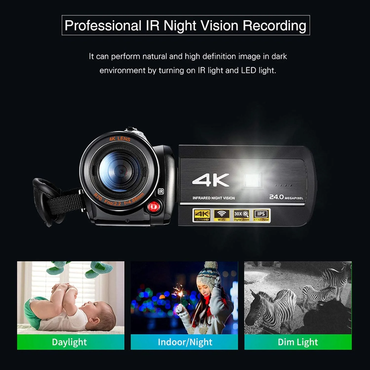 دوربین فیلمبرداری 0 درجه سانتیگراد مناسب فضای باز، دوربین فیلمبرداری 4K 30FPS 24MP دید در شب IR با زوم دیجیتال 30 برابر، دارای خروجی تلویزیون و کنترل از راه دور، دوربین قابل حمل دوربین فیلمبرداری 0 درجه سانتیگراد مناسب فضای باز، دوربین فیلمبرداری 4K 30FPS 24MP دید در شب IR با زوم دیجیتال 30 برابر، دارای خروجی تلویزیون و کنترل از راه دور، دوربین قابل حمل