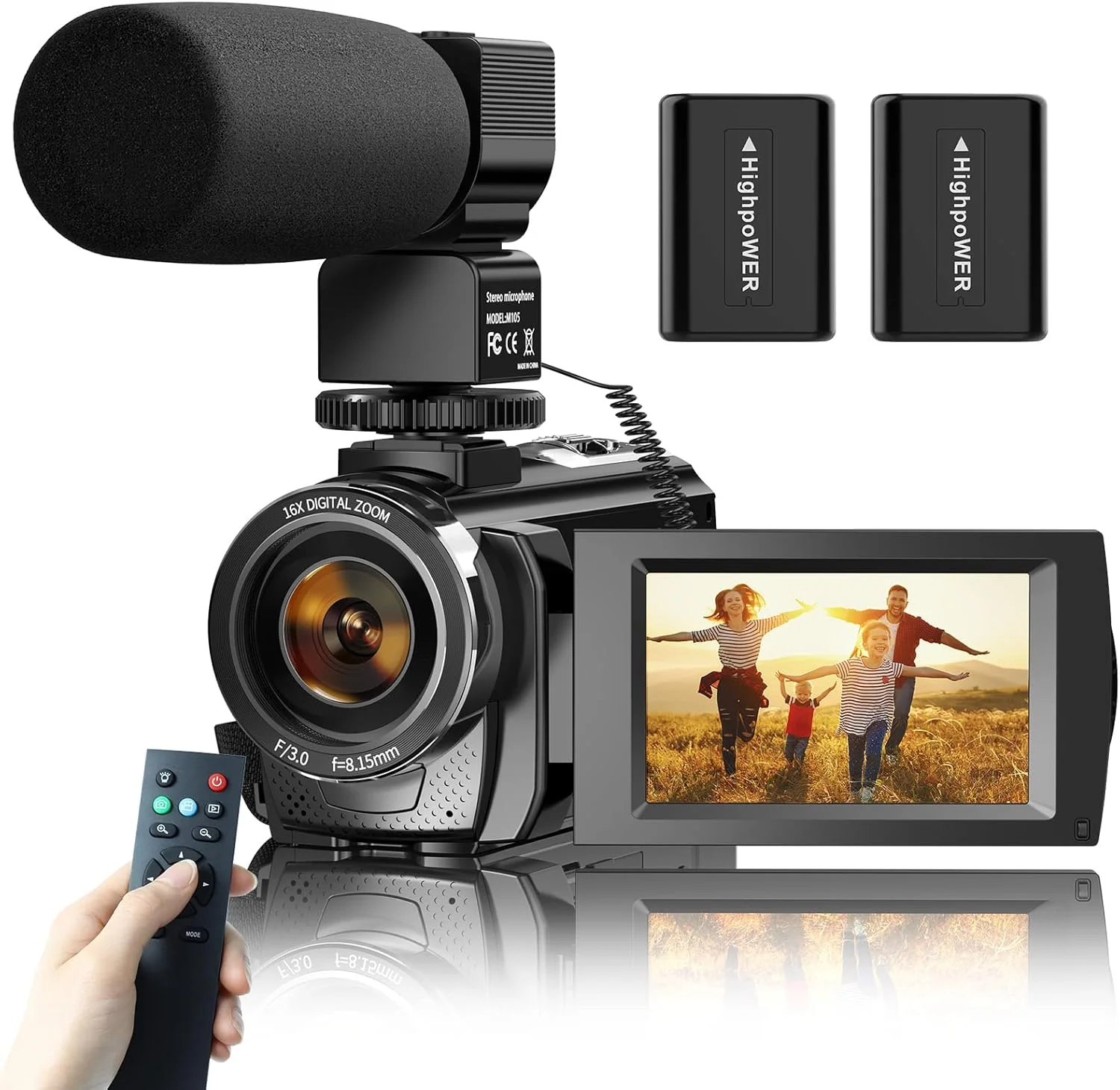 دوربین فیلمبرداری Aasonida برای یوتیوب، دوربین دیجیتال ولاگینگ FHD 1080P 30FPS 24MP با صفحه نمایش 3.0 اینچی با قابلیت چرخش 270 درجه، ضبط کننده ویدیو با میکروفون، کنترل از راه دور، 2 باتری