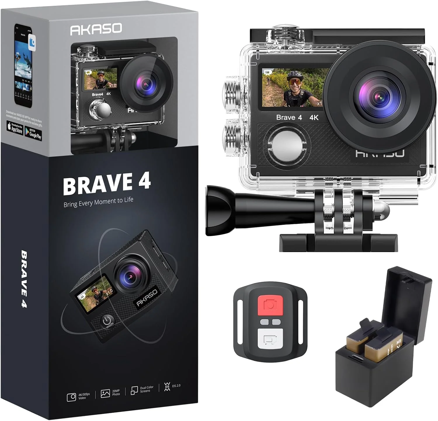 دوربین اکشن AKASO Brave 4 با کیفیت 4K و سرعت 30 فریم بر ثانیه، وای فای، 20 مگاپیکسل، ضد آب تا عمق 40 متر با کنترل از راه دور، زوم 5X، به همراه 2 باتری و کیت لوازم جانبی