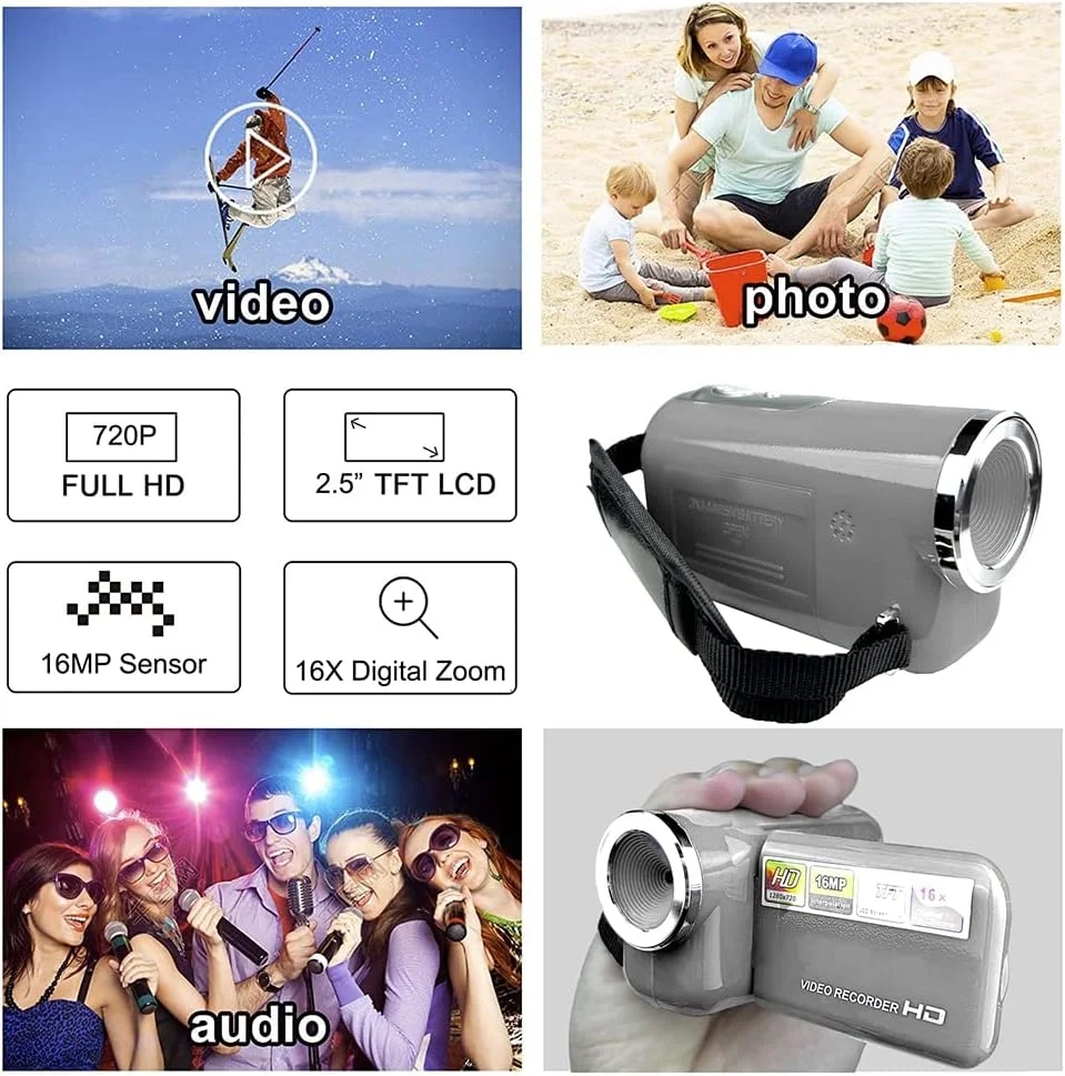 دوربین فیلمبرداری دیجیتال فشرده 16 مگاپیکسلی Acuvar با فیلم HD و عکس، زوم 16 برابر با صفحه نمایش 2.4 اینچی و کابل USB (نقره ای، فقط دوربین)