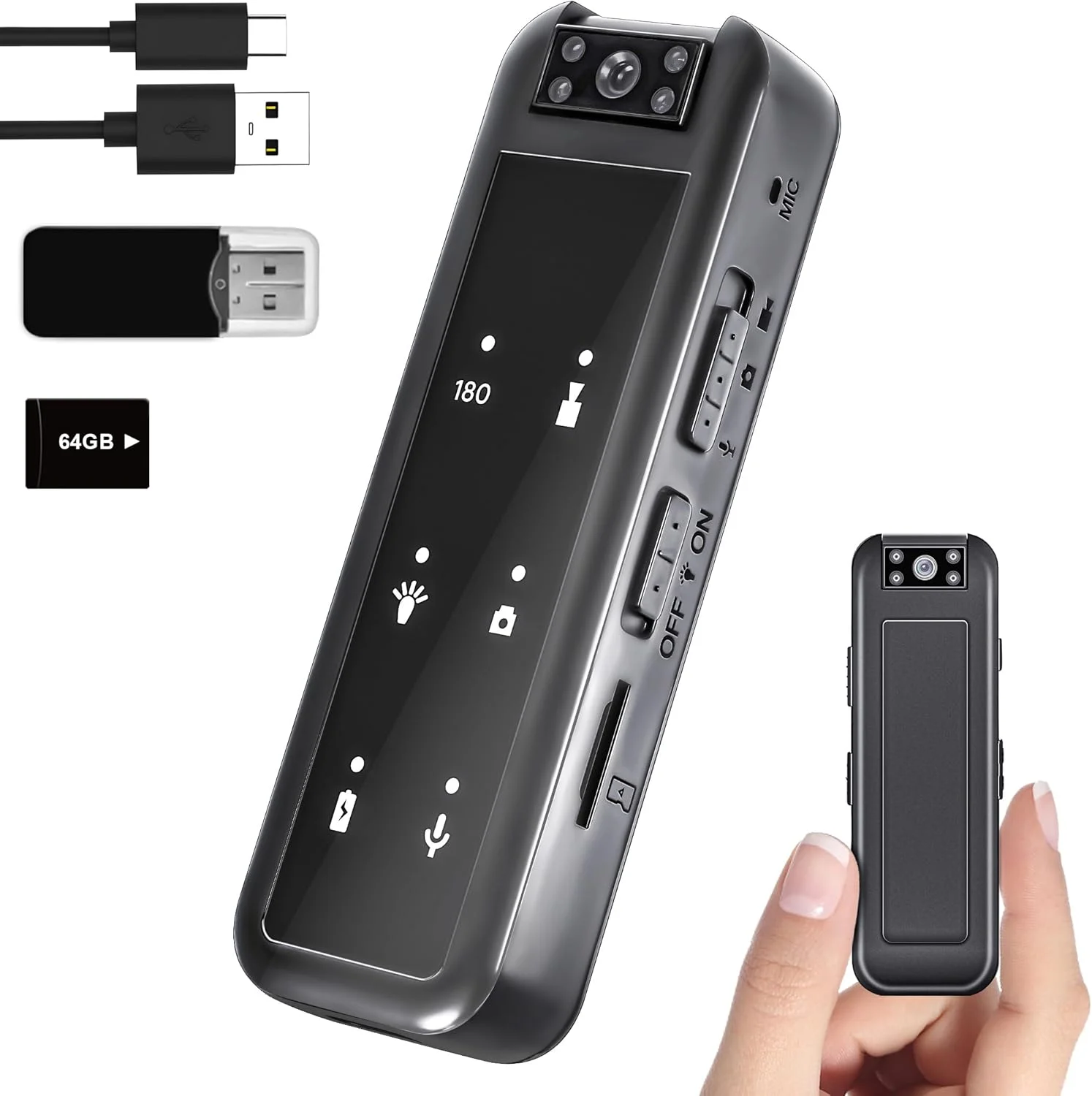 دوربین کوچک بدنه Amyway با حافظه 64 گیگابایت، دوربین فیلمبرداری گشت زنی 1080P با دید در شب IR، باتری 5 ساعته و لنز چرخان 180 درجه - دوربین کوچک پوشیدنی برای امنیت، پلیس و استفاده در فضای باز