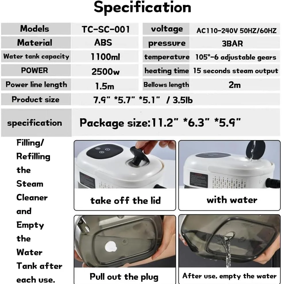 بخارشوی دستی قابل حمل SENNI، بخارشوی پرفشار 2500 واتی برای مصارف خانگی با 5 سری برس و دستکش حوله ای بخارشوی دستی قابل حمل SENNI، بخارشوی پرفشار 2500 واتی برای مصارف خانگی با 5 سری برس و دستکش حوله ای