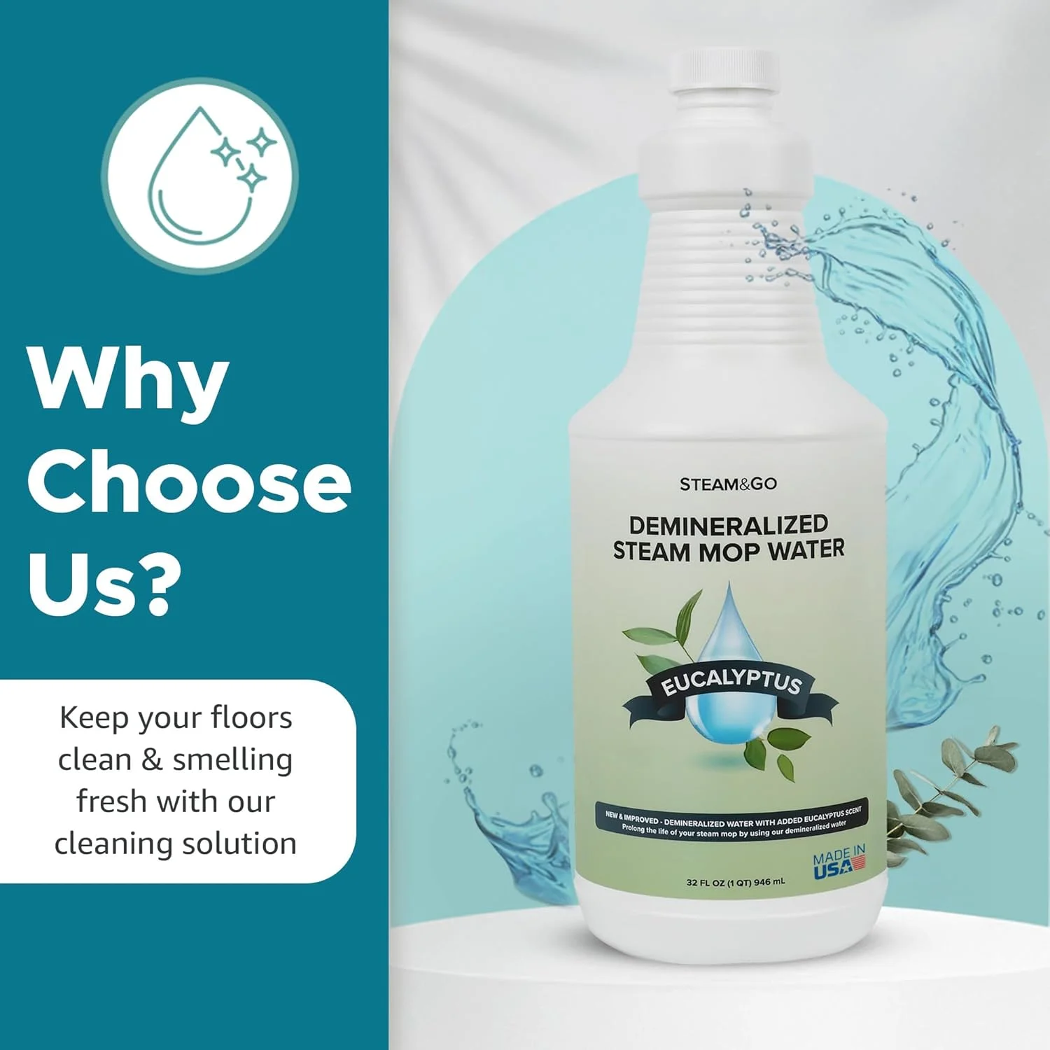 آب مقطر برای تمیز کننده، مایع تمیز کننده کف بدون PVC سازگار با هر نوع تی، محلول چند منظوره آماده مصرف، محلول تی خوشبو، اکالیپتوس نعناع، ​​۹۴۶ میلی لیتر