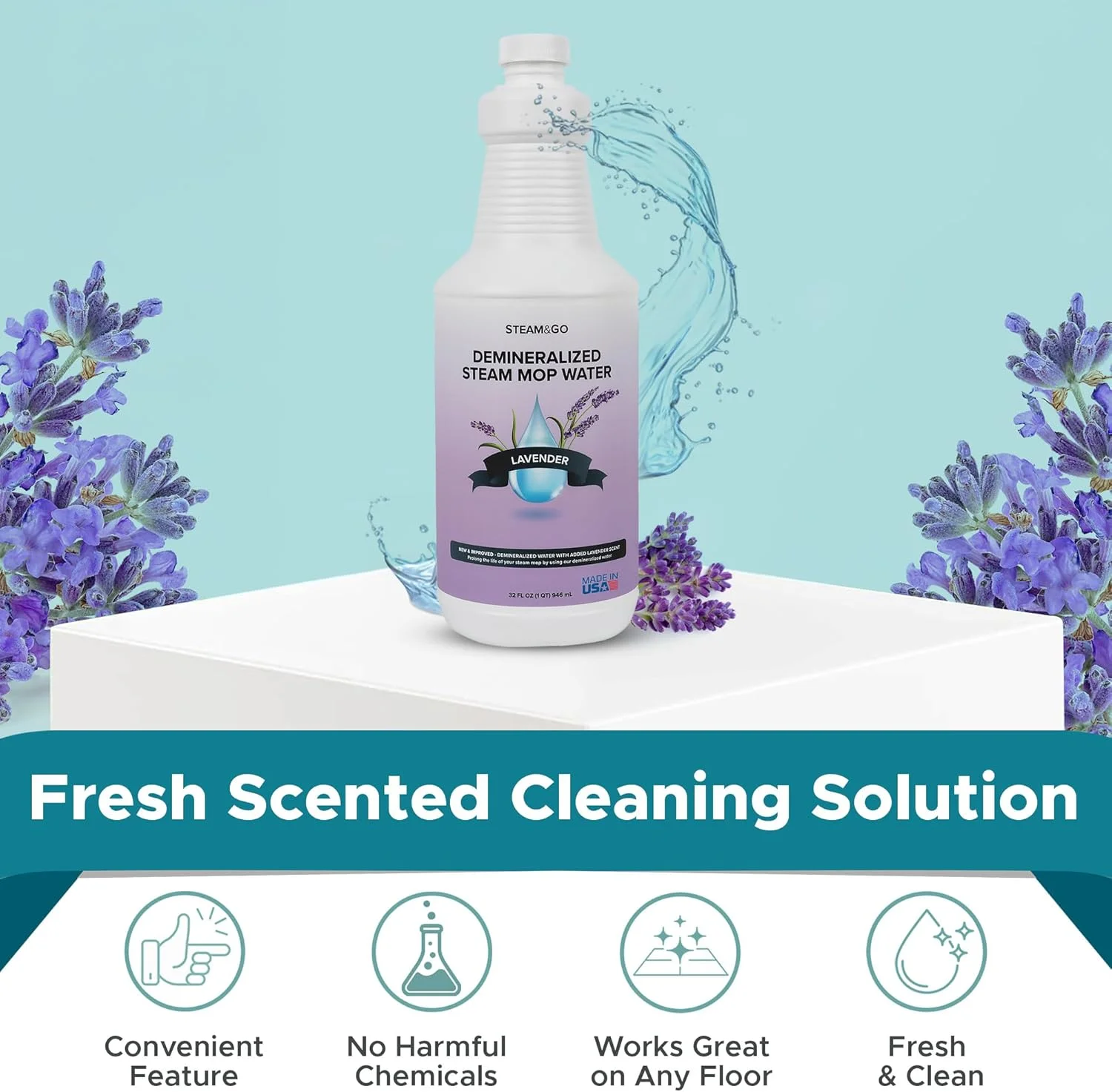 آب مقطر برای تمیز کننده، مایع تمیز کننده کف بدون PVC سازگار با هر نوع تی، محلول چند منظوره آماده مصرف، محلول تی خوشبو، اسطوخودوس، 946 میلی لیتر