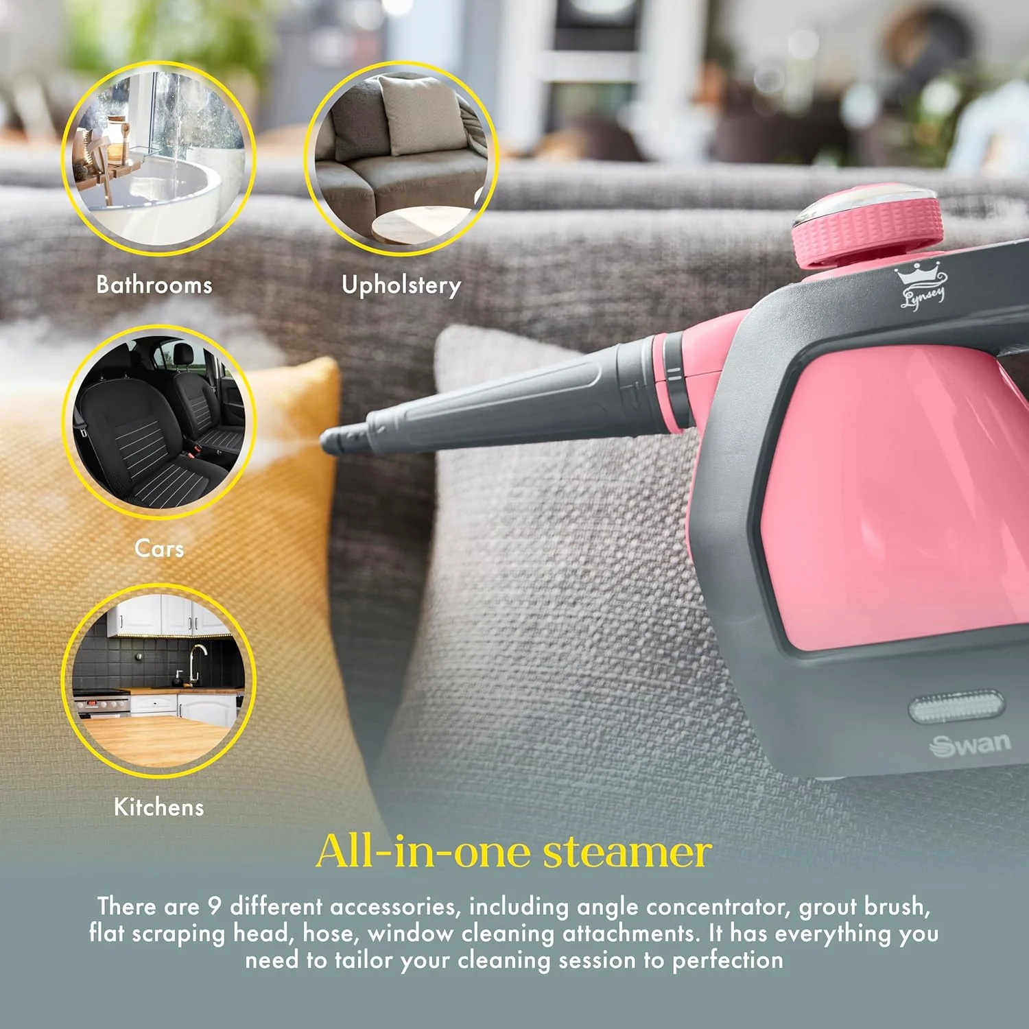 بخارشوی دستی سوان مدل SC17350QOCN با 3 تنظیم فشار بخار، نرخ بخار 22-28 گرم در دقیقه، 9 سری و کابل 5 متری، 220 میلی لیتر، صورتی