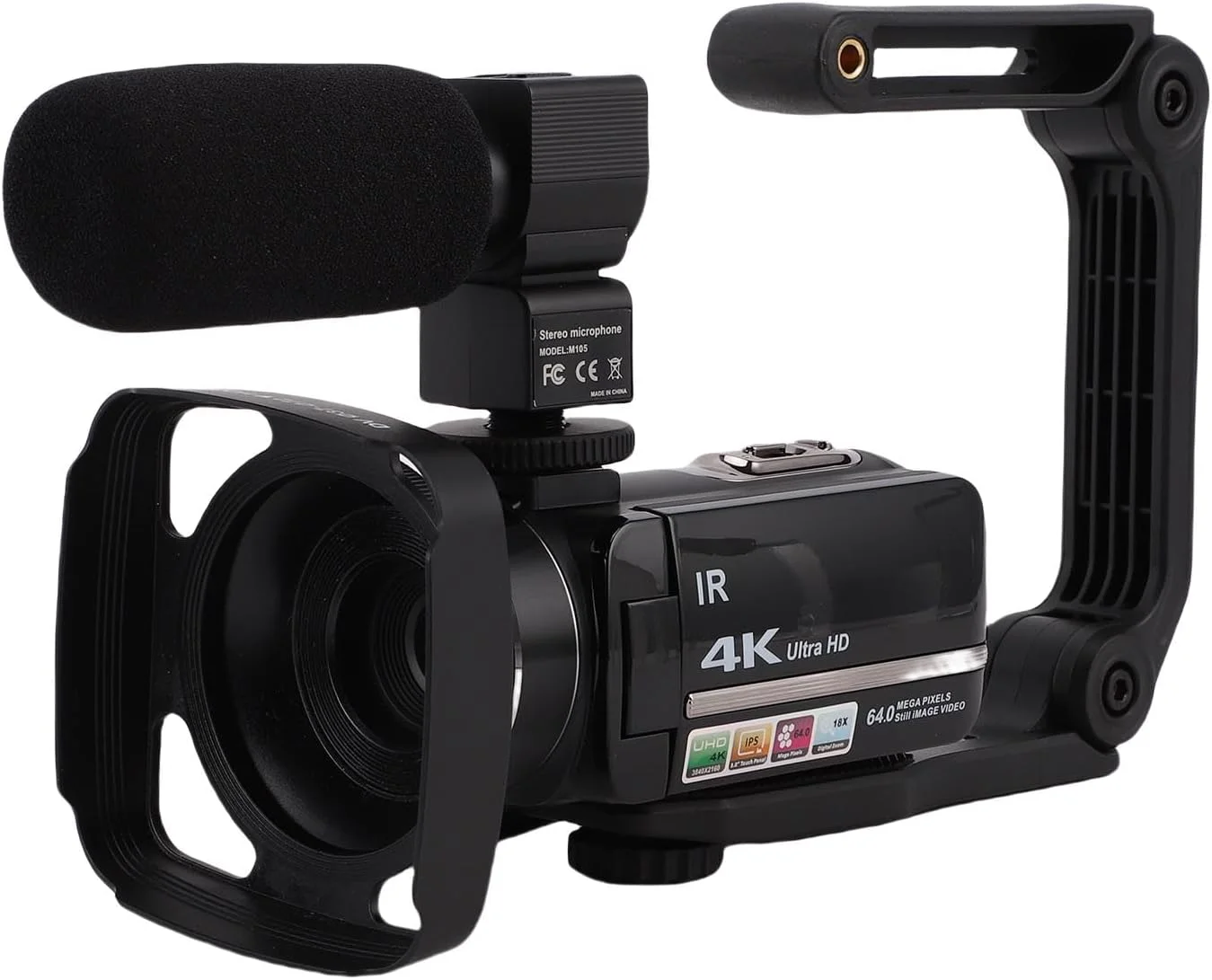 دوربین فیلمبرداری 4K Asixxsix، دوربین فیلمبرداری UHD 64 مگاپیکسلی با زوم دیجیتال 18 برابر، دوربین ولاگ 3 اینچی با تثبیت کننده دستی، میکروفون خارجی، ریموت، وب کم، کارت 32 گیگابایتی و 2 باتری