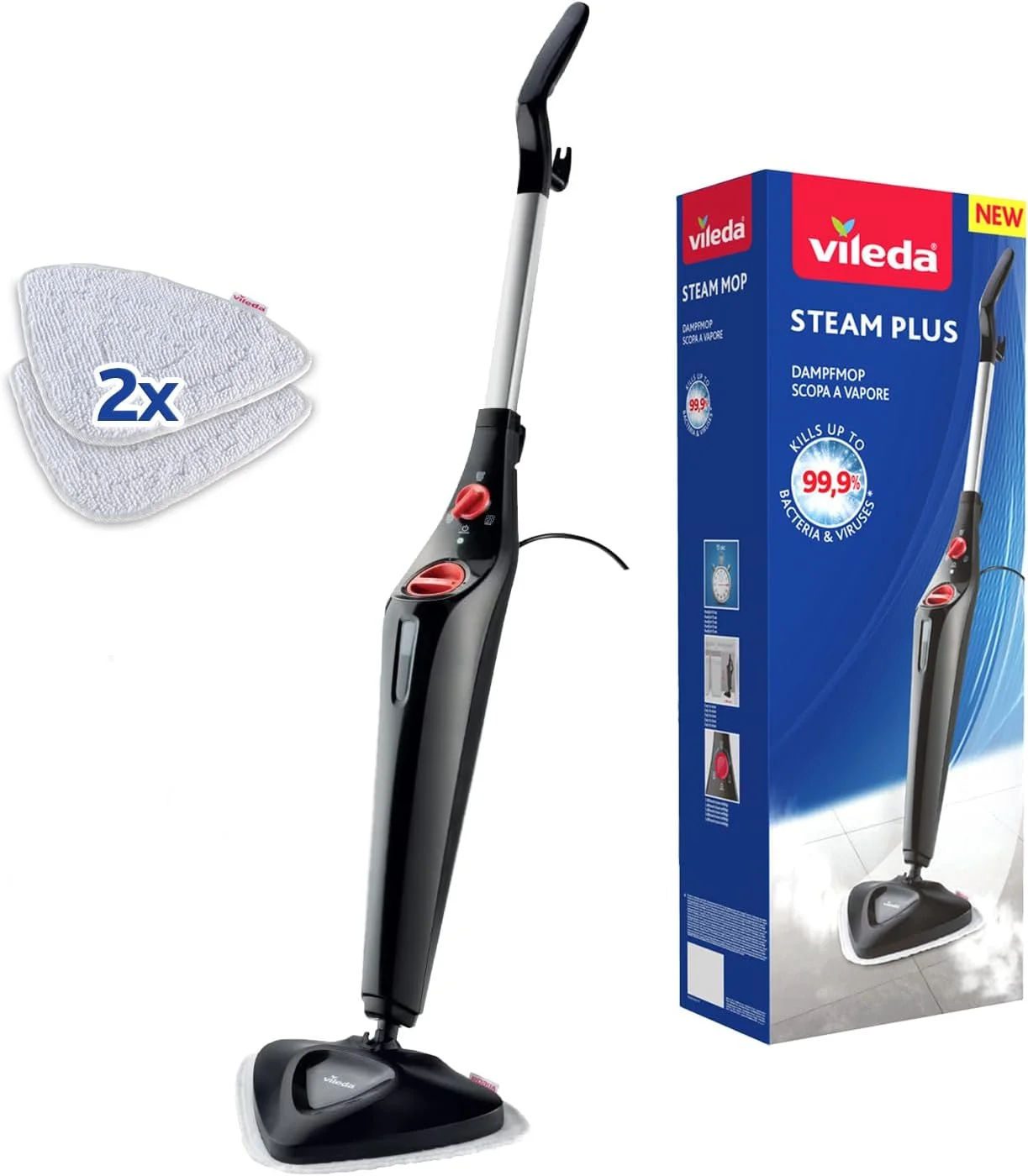 بخارشوی Vileda Steam PLUS | تی بخارشو برای عملکرد تمیزکنندگی بهداشتی؛ حذف تا 99.9% باکتری ها و ویروس ها؛ ایده آل برای فرش و موکت؛ برای همه کفپوش ها؛ بدون استفاده از مواد شیمیایی مضر