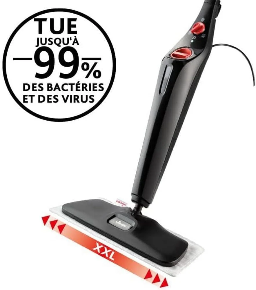 بخارشوی بزرگ Vileda Steam Plus XXL با پد PowerPad، تمیز کردن بهداشتی سطوح بزرگ، از بین بردن تا 99.9٪ باکتری ها و ویروس ها، مناسب برای همه کف ها، ایده آل برای فرش ها، بسته بندی سازگار با محیط زیست