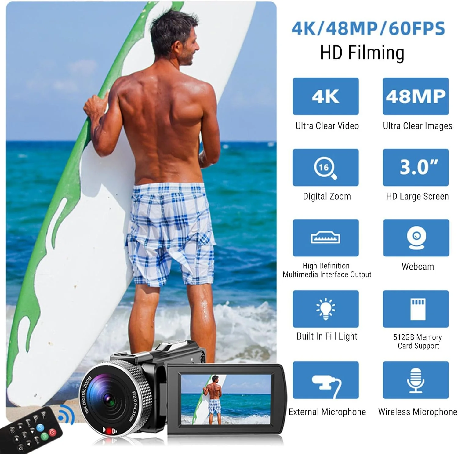 دوربین فیلمبرداری 4K با صفحه نمایش چرخان، نور پرکننده 3 وات و میکروفون خارجی، دوربین ولاگ برای مسافرت با قابلیت ضد لرزش، وب کم و کنترل از راه دور دوربین فیلمبرداری 4K با صفحه نمایش چرخان، نور پرکننده 3 وات و میکروفون خارجی، دوربین ولاگ برای مسافرت با قابلیت ضد لرزش، وب کم و کنترل از راه دور