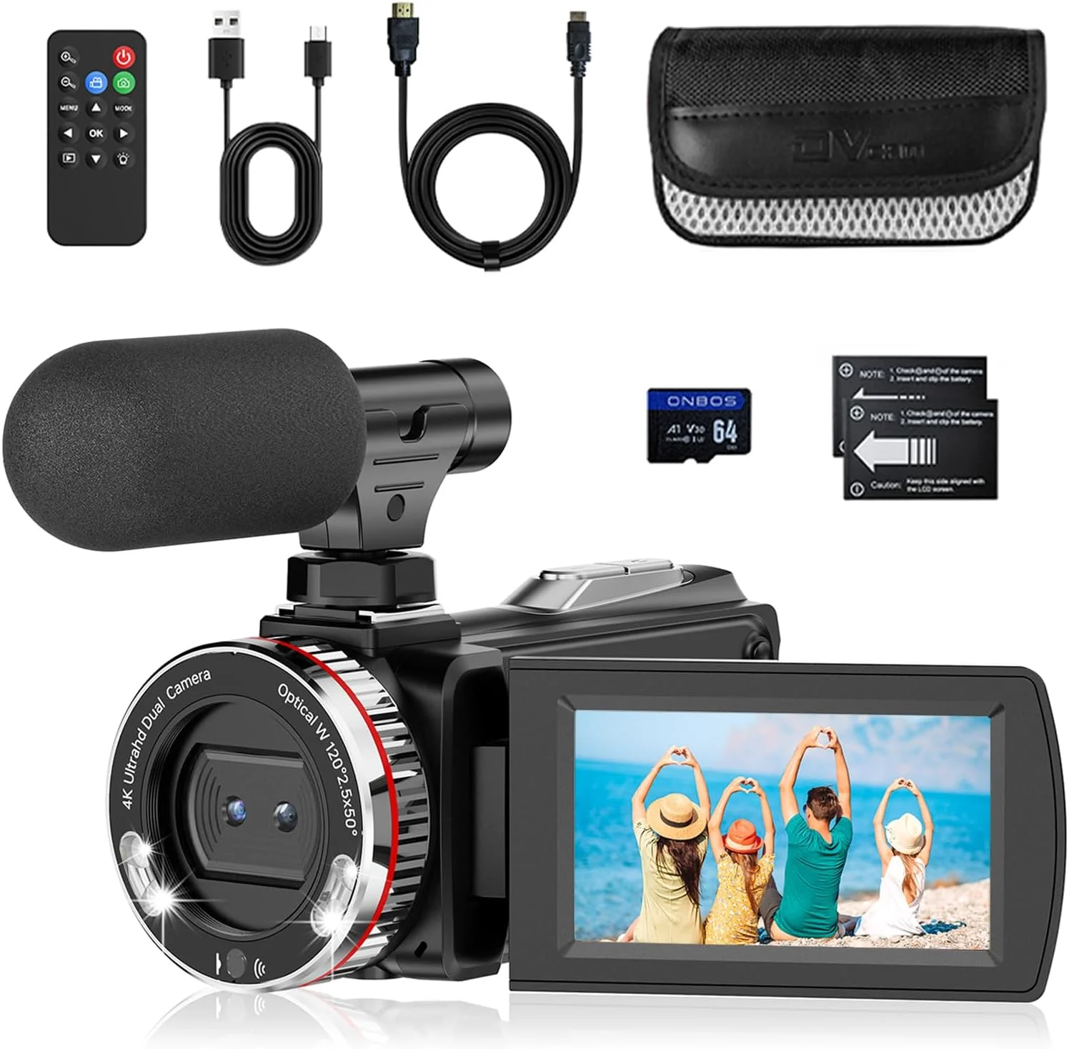 دوربین فیلمبرداری 4K 48MP برای یوتیوب، دوربین فیلمبرداری با زوم دیجیتال 21X، صفحه نمایش چرخان 270 درجه 3 اینچی، دوربین ولاگ، دوربین فیلمبرداری با کارت TF 64 گیگابایتی، کابل HDMI، میکروفون، کنترل از راه دور، 2 باتری (دوگانه CAM)