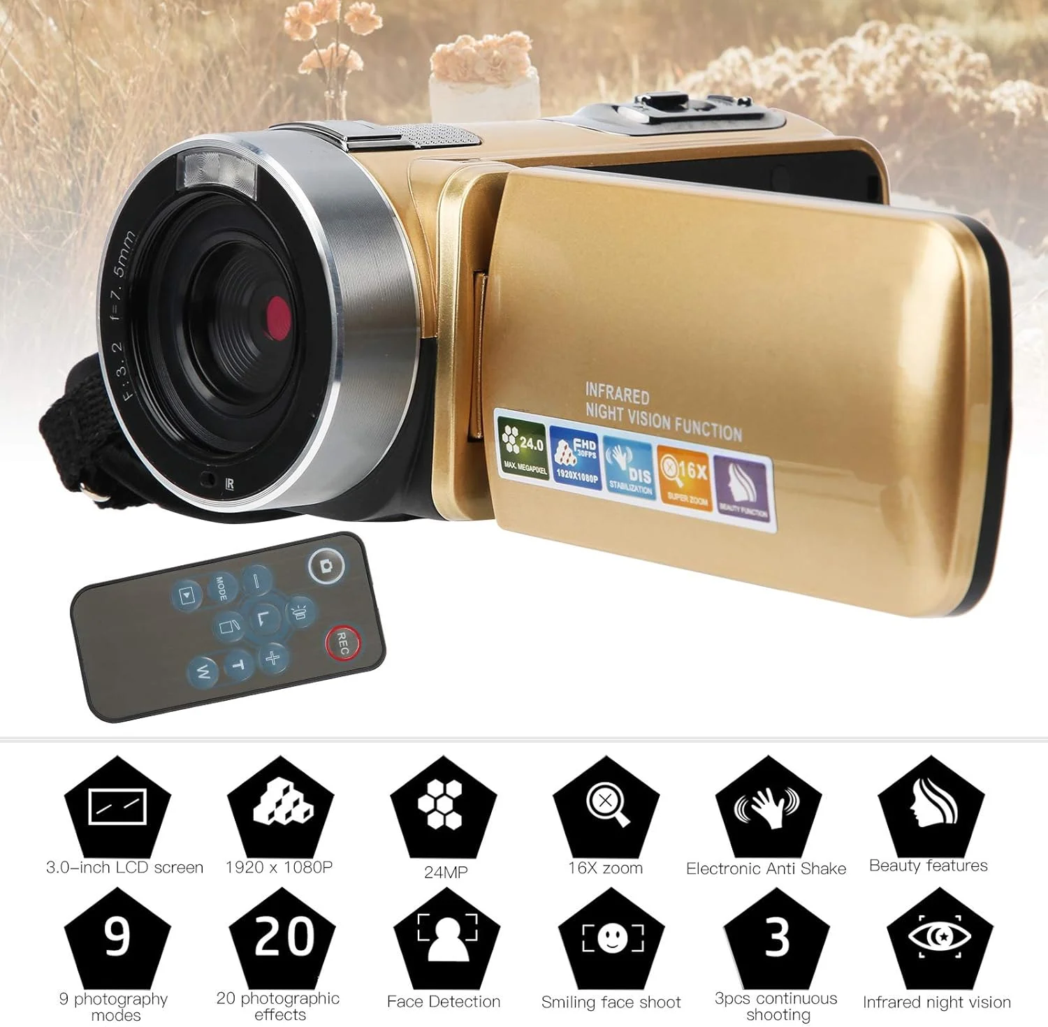 دوربین فیلمبرداری FHD، دوربین ولاگینگ ضد لرزش 28 مگاپیکسلی، دوربین فیلمبرداری زوم دیجیتال 16X، دوربین دید در شب قابل حمل برای ضبط در فضای باز (طلایی) دوربین فیلمبرداری FHD، دوربین ولاگینگ ضد لرزش 28 مگاپیکسلی، دوربین فیلمبرداری زوم دیجیتال 16X، دوربین دید در شب قابل حمل برای ضبط در فضای باز (طلایی)