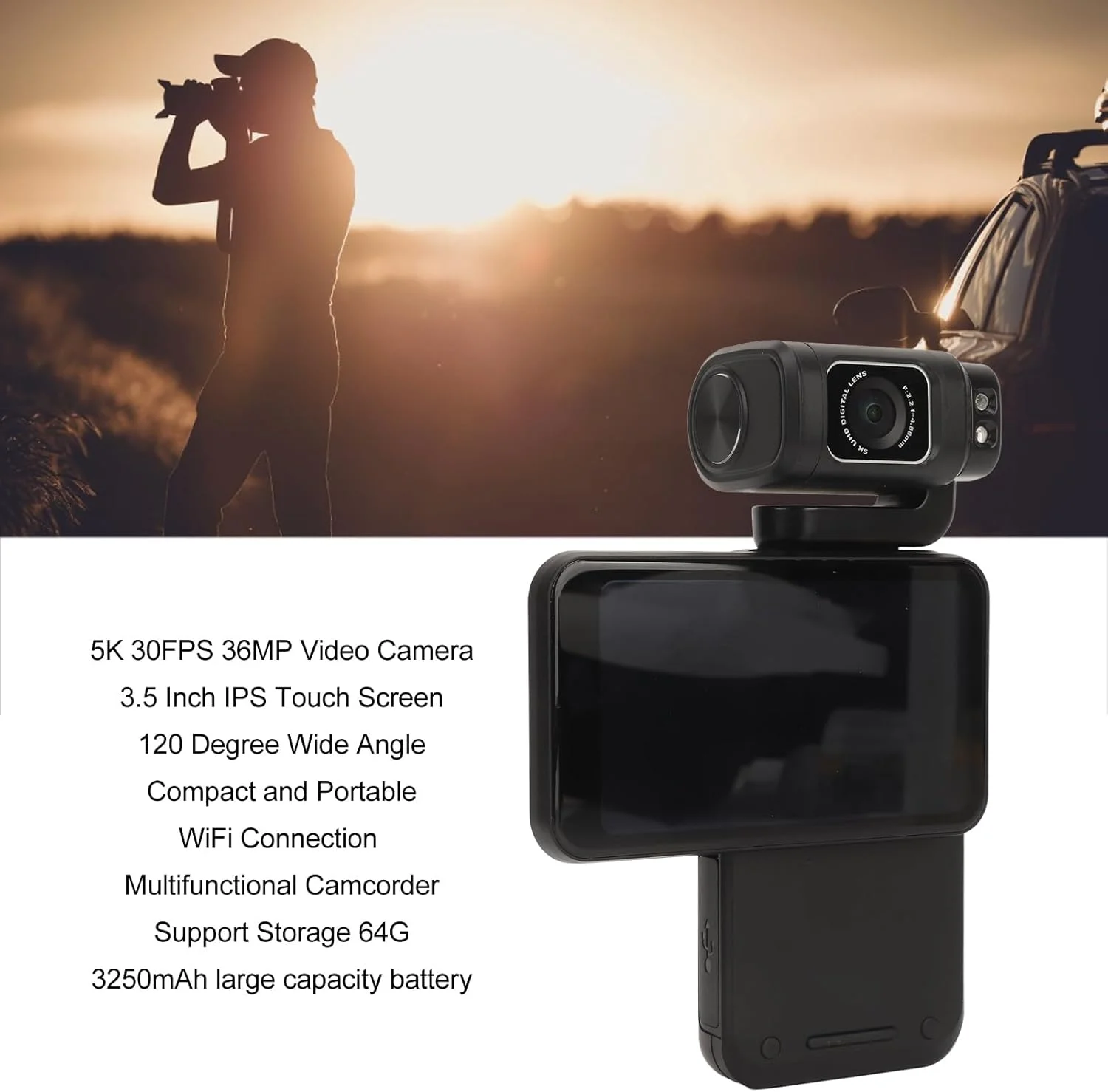 دوربین فیلمبرداری ویدئویی 5K BusoTh، دوربین فیلمبرداری وبلاگینگ WiFi با زوم دیجیتال 10X و 36 مگاپیکسل، زاویه دید عریض 120 درجه، باتری 3250mAh و ضبط کننده IPS 3.5 اینچی برای فیلم های مسافرتی در فضای باز دوربین فیلمبرداری ویدئویی 5K BusoTh، دوربین فیلمبرداری وبلاگینگ WiFi با زوم دیجیتال 10X و 36 مگاپیکسل، زاویه دید عریض 120 درجه، باتری 3250mAh و ضبط کننده IPS 3.5 اینچی برای فیلم های مسافرتی در فضای باز