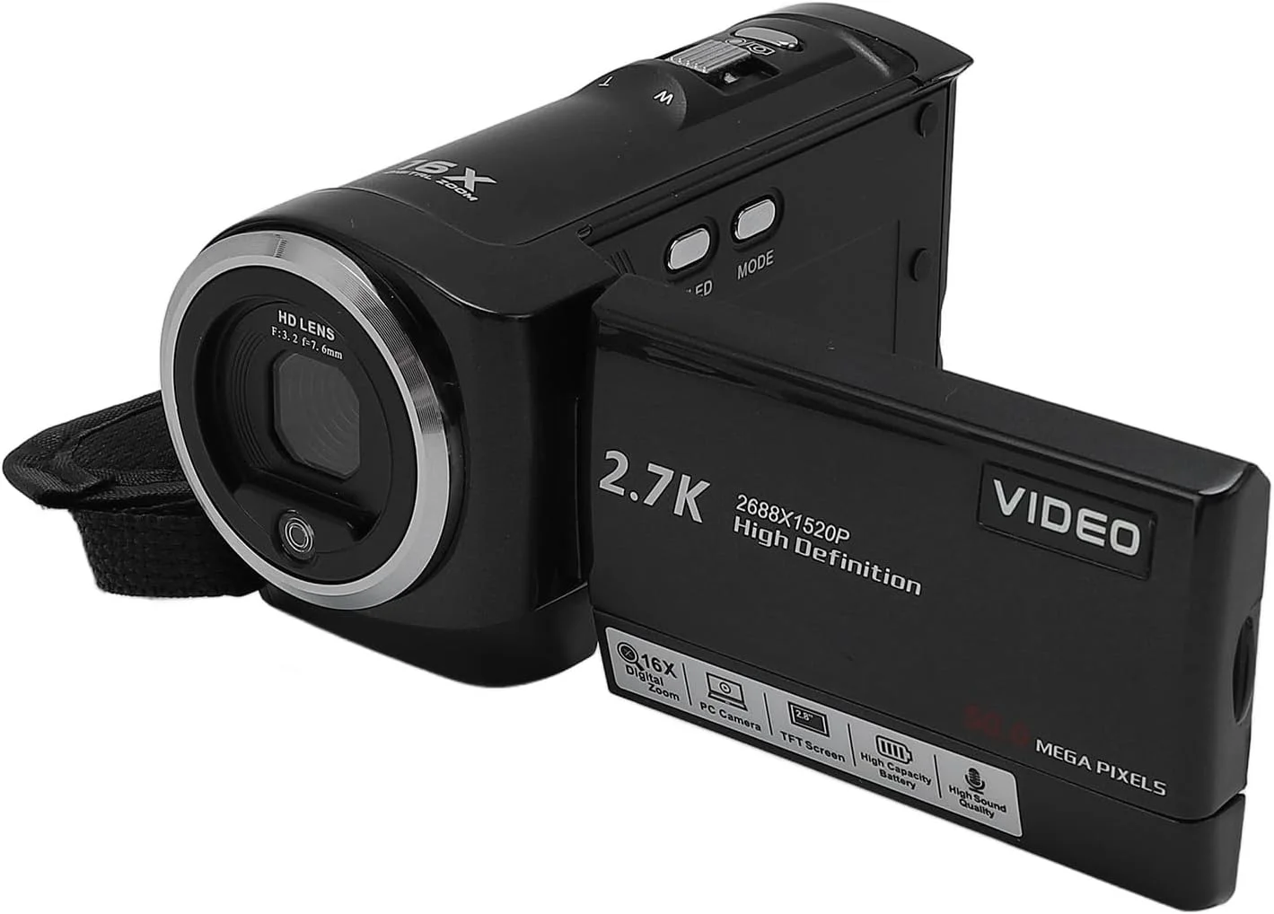 دوربین فیلمبرداری، دوربین دیجیتال Full HD 2.7K 50MP با زوم دیجیتال 16 برابر و صفحه نمایش چرخان 2.8 اینچی، دوربین فیلمبرداری DV ضد لرزش قابل حمل برای مسافرت (16 گیگابایت)