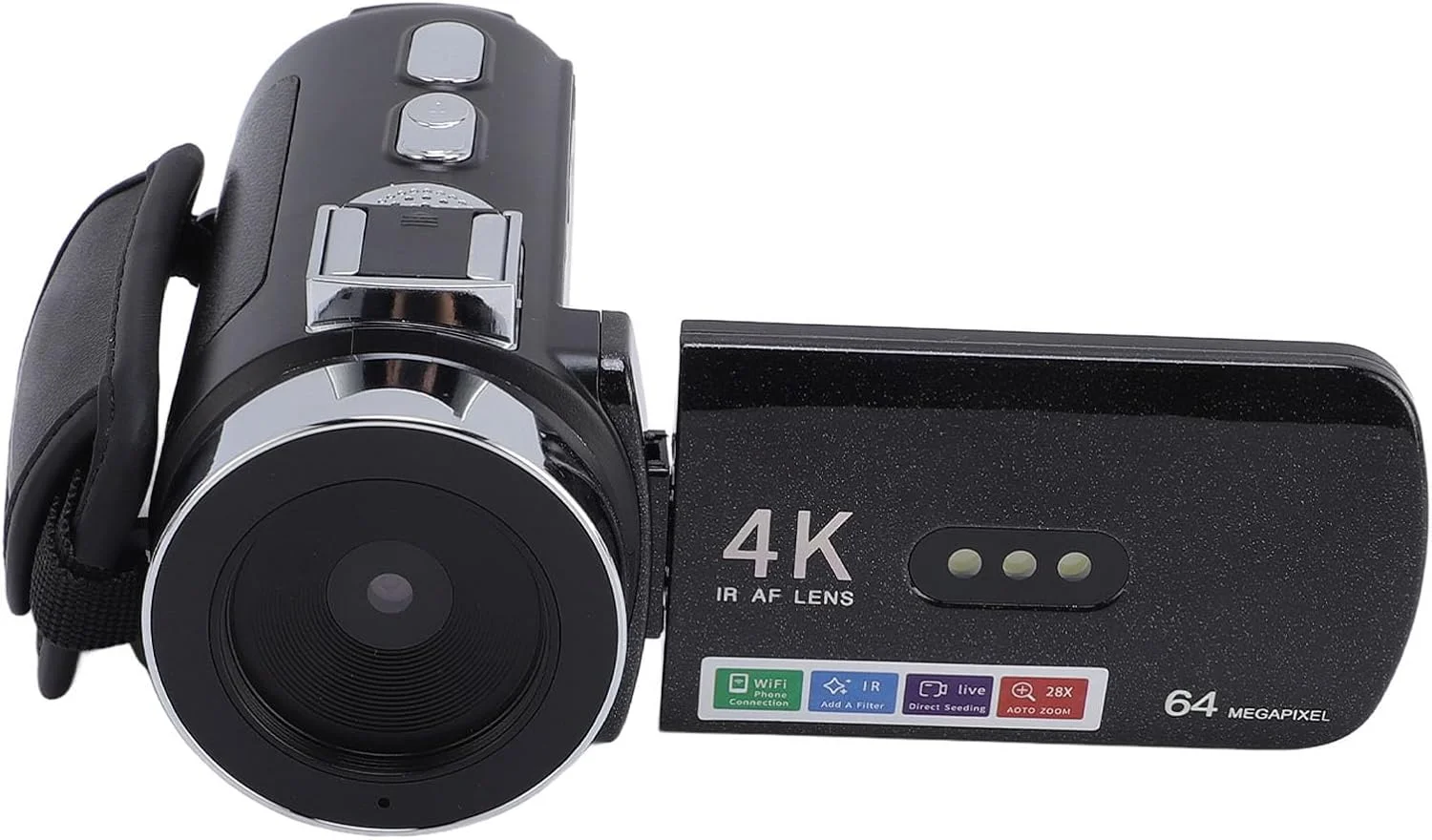 دوربین فیلمبرداری، دوربین دیجیتال 64 مگاپیکسلی 4K، زوم دیجیتال 28 برابر، با صفحه نمایش 3 اینچی با چرخش 270 درجه، برای مسافرت، ولاگ