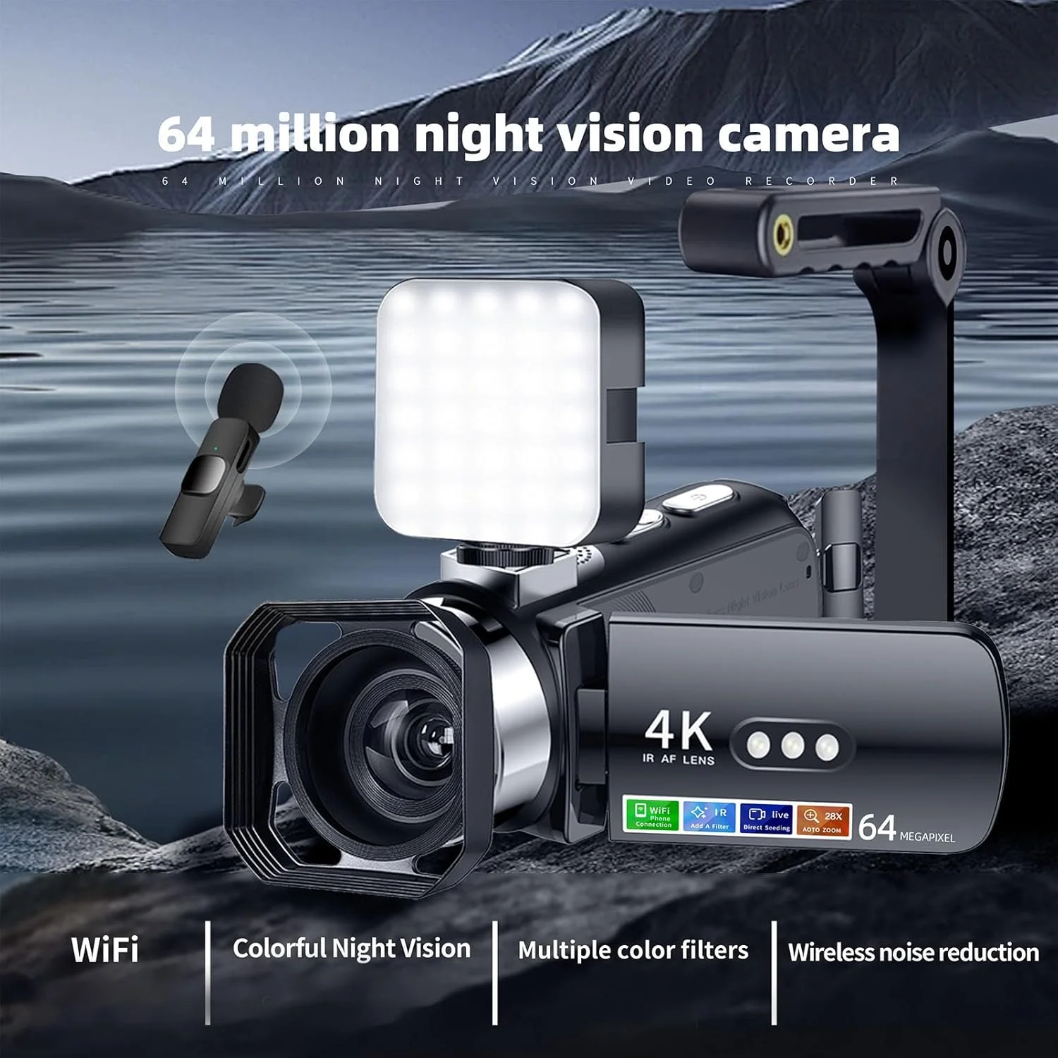 دوربین فیلمبرداری، دوربین فیلمبرداری دیجیتال HD 4K 64MP، صفحه نمایش 3 اینچی با چرخش 270 درجه، دوربین فیلمبرداری با زوم دیجیتال 28X، باتری 4800mAh