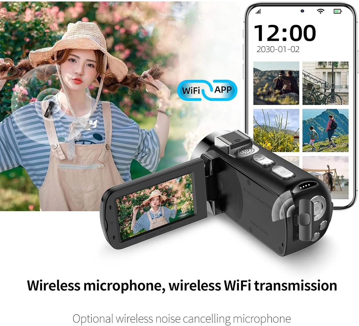 دوربین فیلمبرداری، دوربین فیلمبرداری دیجیتال HD 4K 64MP، صفحه نمایش 3 اینچی با چرخش 270 درجه، دوربین فیلمبرداری با زوم دیجیتال 28X، باتری 4800mAh