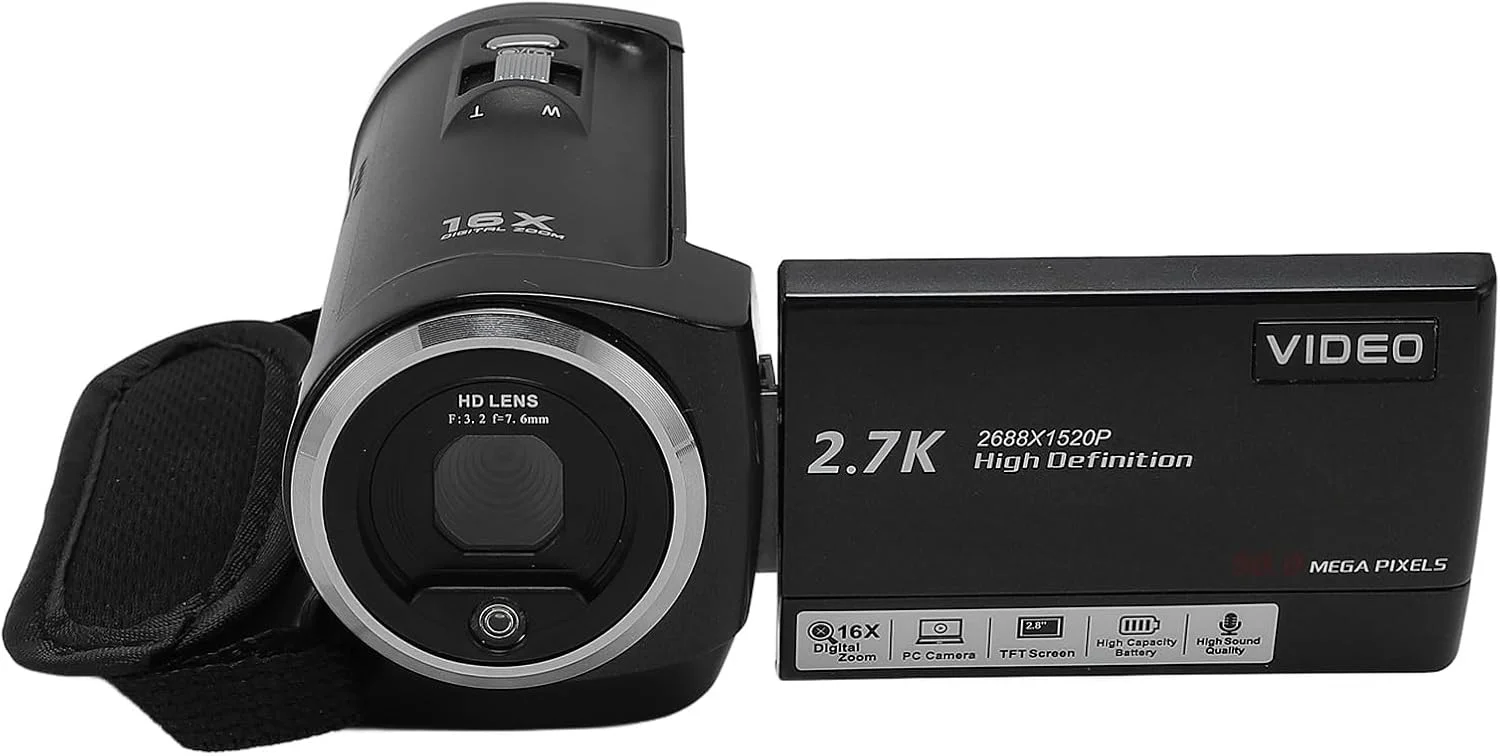 دوربین فیلمبرداری، 50 مگاپیکسل 2.7K HD زوم دیجیتال 16X صفحه نمایش چرخشی 2.8 اینچی ضبط کننده ویدئویی دیجیتال با پورت USB رزوه 1/4 اینچی، دوربین دیجیتال ضبط حلقه ای برای مسافرت (64 گیگابایت)