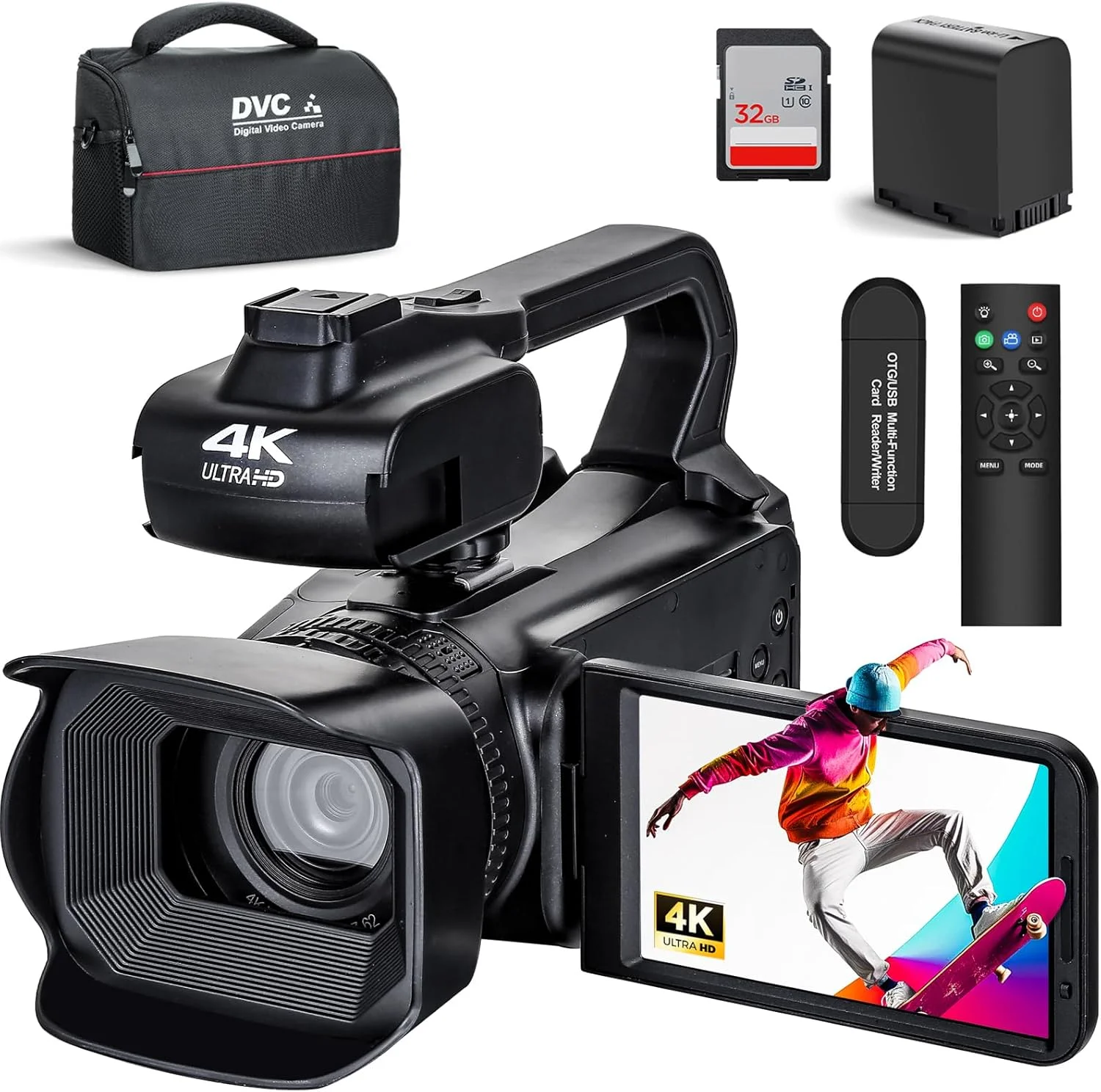 دوربین فیلمبرداری 4K UHD 64MP NBDCAM با گریپ دستی قابل گسترش، کنترل از راه دور و WiFi برای ولاگ و یوتیوب/وبلاگ نویسی، ضبط کننده زوم دیجیتال 18X با صفحه نمایش چرخان