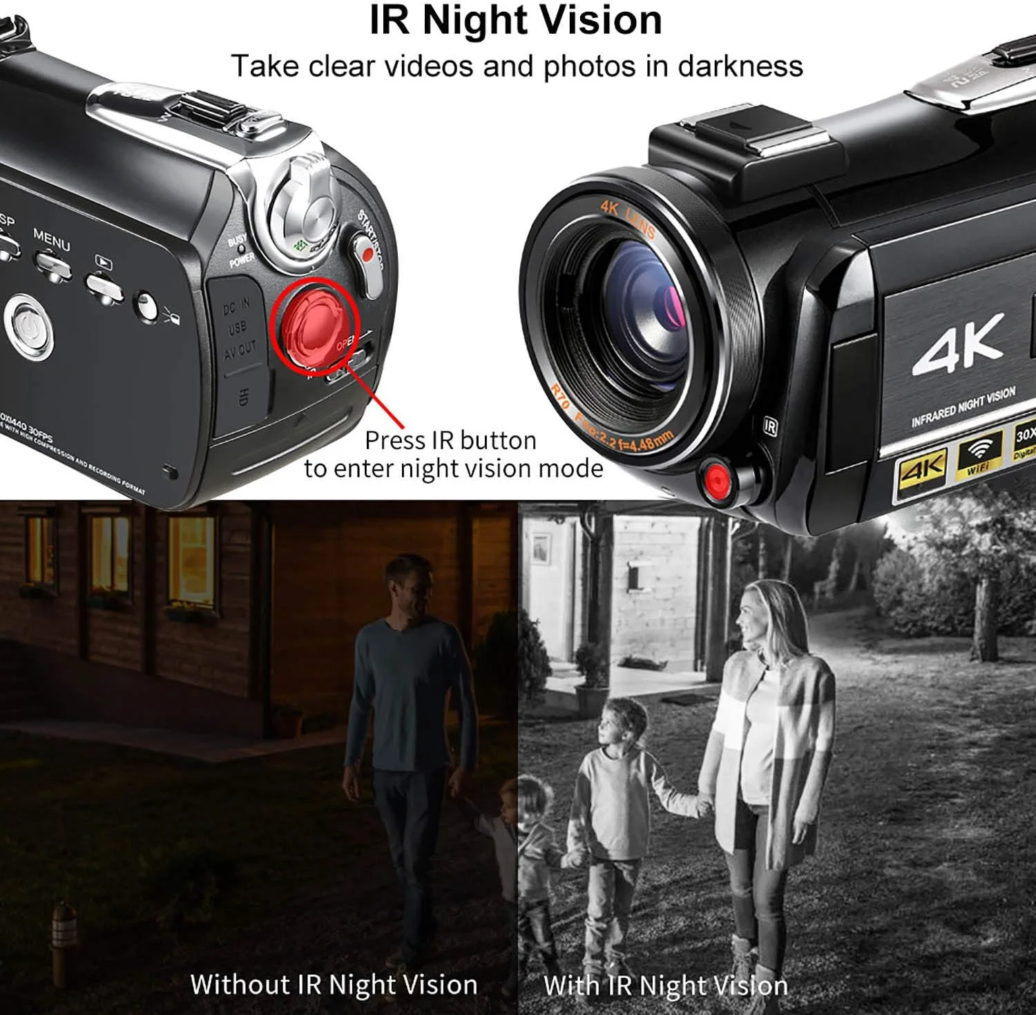 دوربین فیلمبرداری 4K ORDRO با دید در شب، دوربین فیلمبرداری برای وبلاگ و یوتیوب، صفحه لمسی 3.1 اینچی IPS با نور IR، به همراه کارت حافظه 64 گیگابایتی و 2 باتری