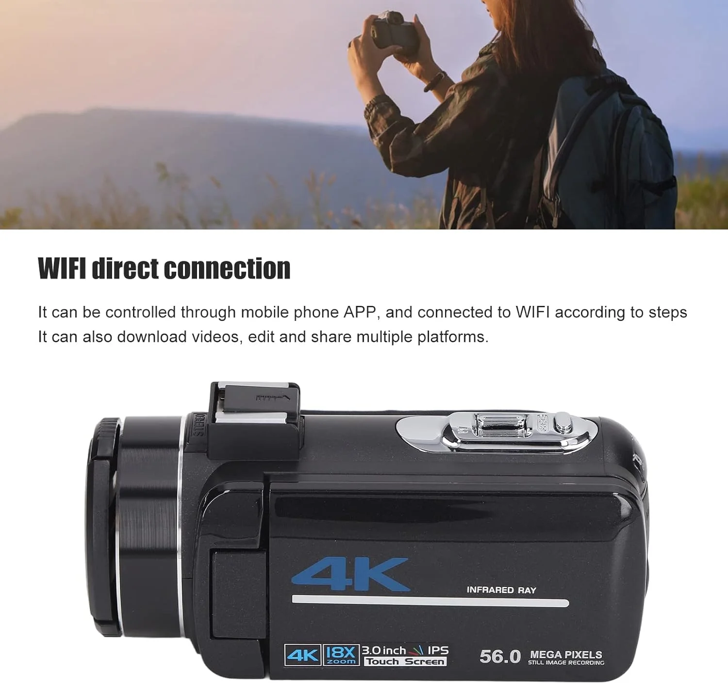 دوربین فیلمبرداری 4K 56MP، ضبط کننده ویدیو با زوم دیجیتال 18 برابر، صفحه نمایش 3.0 اینچی IPS، دوربین فیلمبرداری دیجیتال WiFi با کنترل از راه دور