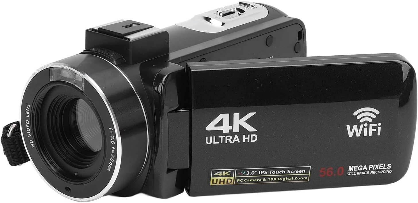دوربین دیجیتال، دوربین فیلمبرداری، کیفیت 4K 56MP HD، زوم دیجیتال 18X، صفحه لمسی چرخان 3 اینچی، ضبط کننده ویدیویی دیجیتال بی سیم با کنترل از راه دور برای سفر و وبلاگ نویسی