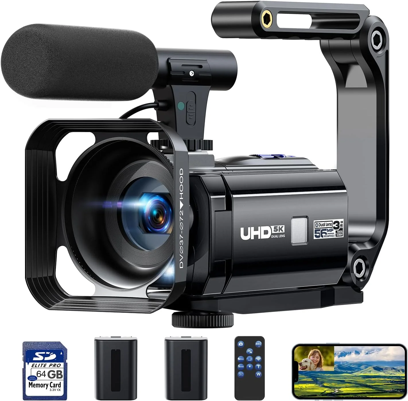 دوربین فیلمبرداری، 4K 56MP لنز دوگانه WiFi صفحه نمایش لمسی 3 اینچی با قابلیت چرخش 270 درجه زوم دیجیتال 16 برابر دوربین ولاگینگ دوربین فیلمبرداری پادکست یوتیوب با کارت SD 64 گیگابایتی، میکروفون، کنترل از راه دور، سه پایه