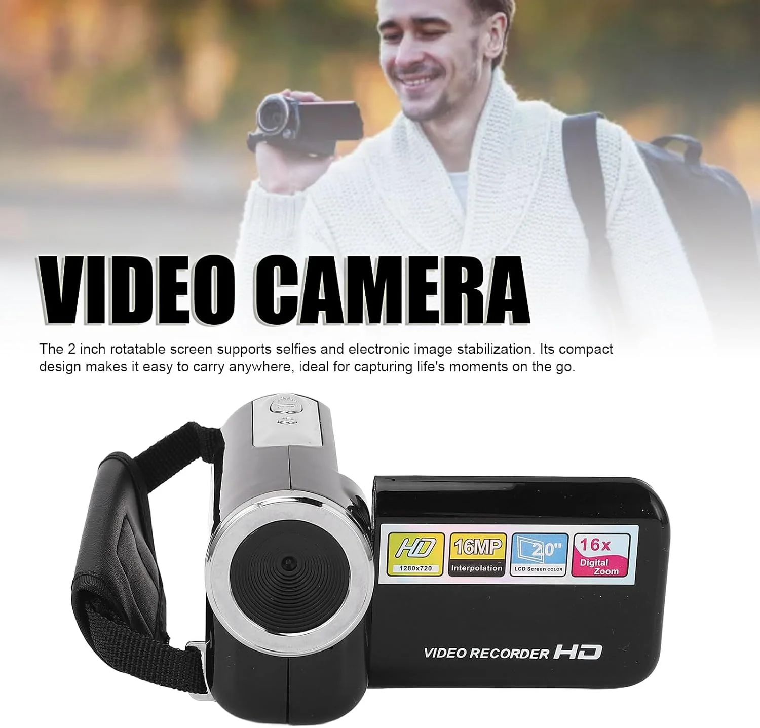 دوربین فیلمبرداری HD 1080P 16MP با زوم دیجیتال 16 برابر، دوربین ولاگینگ با صفحه نمایش چرخان 2.0 اینچی، ضبط کننده ویدیویی دیجیتال، کارت حافظه 32 گیگابایتی داخلی، قابل حمل برای مسافرت (مشکی)