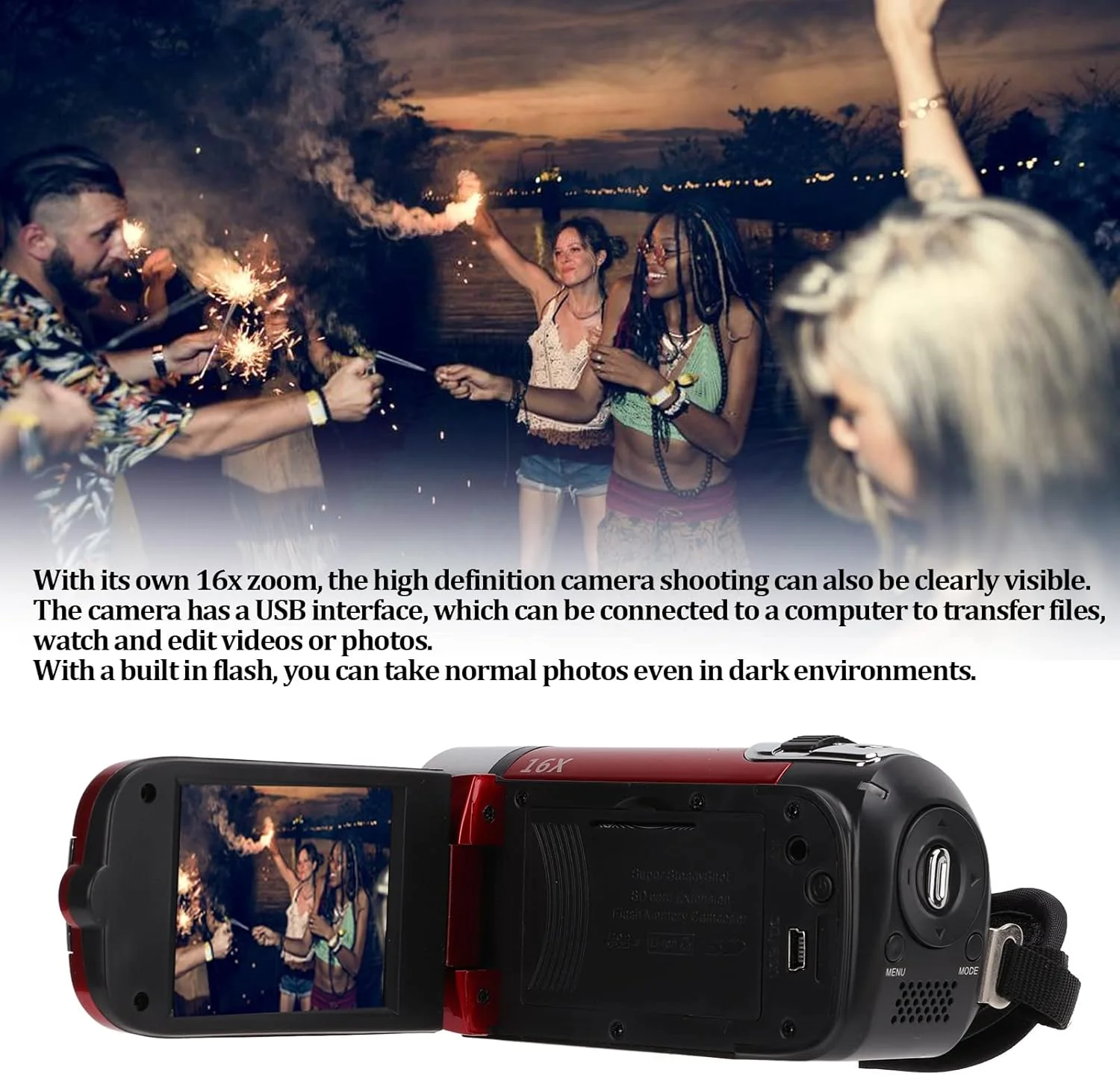 دوربین فیلمبرداری، صفحه نمایش LCD چرخان 2.7 اینچی 270 درجه، زوم 16X، ضبط 4K 1080P HD، رابط USB، برای ولاگ و ویدیوهای یوتیوب (قرمز)