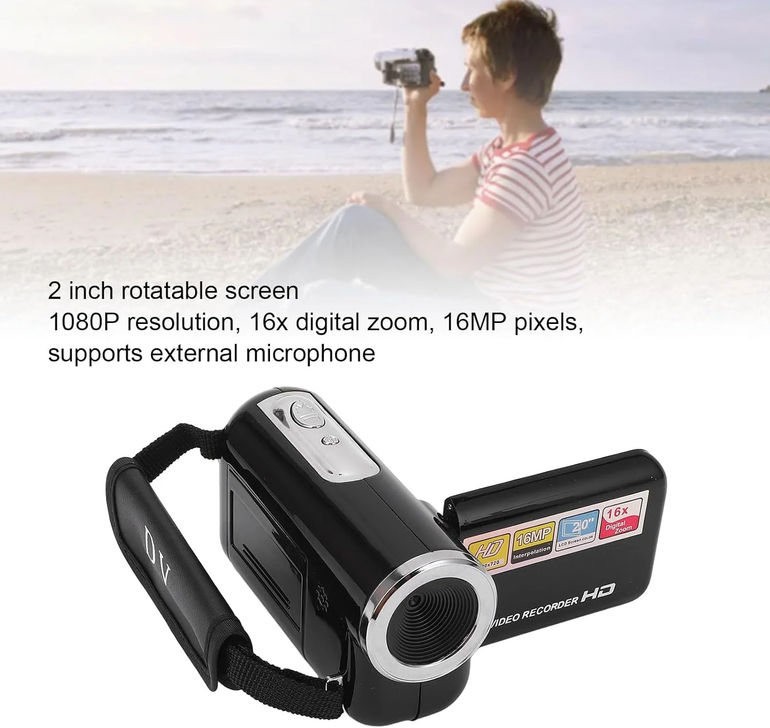 دوربین فیلمبرداری HD 1080P 16MP با زوم دیجیتال 16 برابر، دوربین ولاگینگ با صفحه نمایش چرخان 2.0 اینچی، ضبط کننده ویدیویی دیجیتال، کارت حافظه 32 گیگابایتی داخلی، قابل حمل برای مسافرت (مشکی)