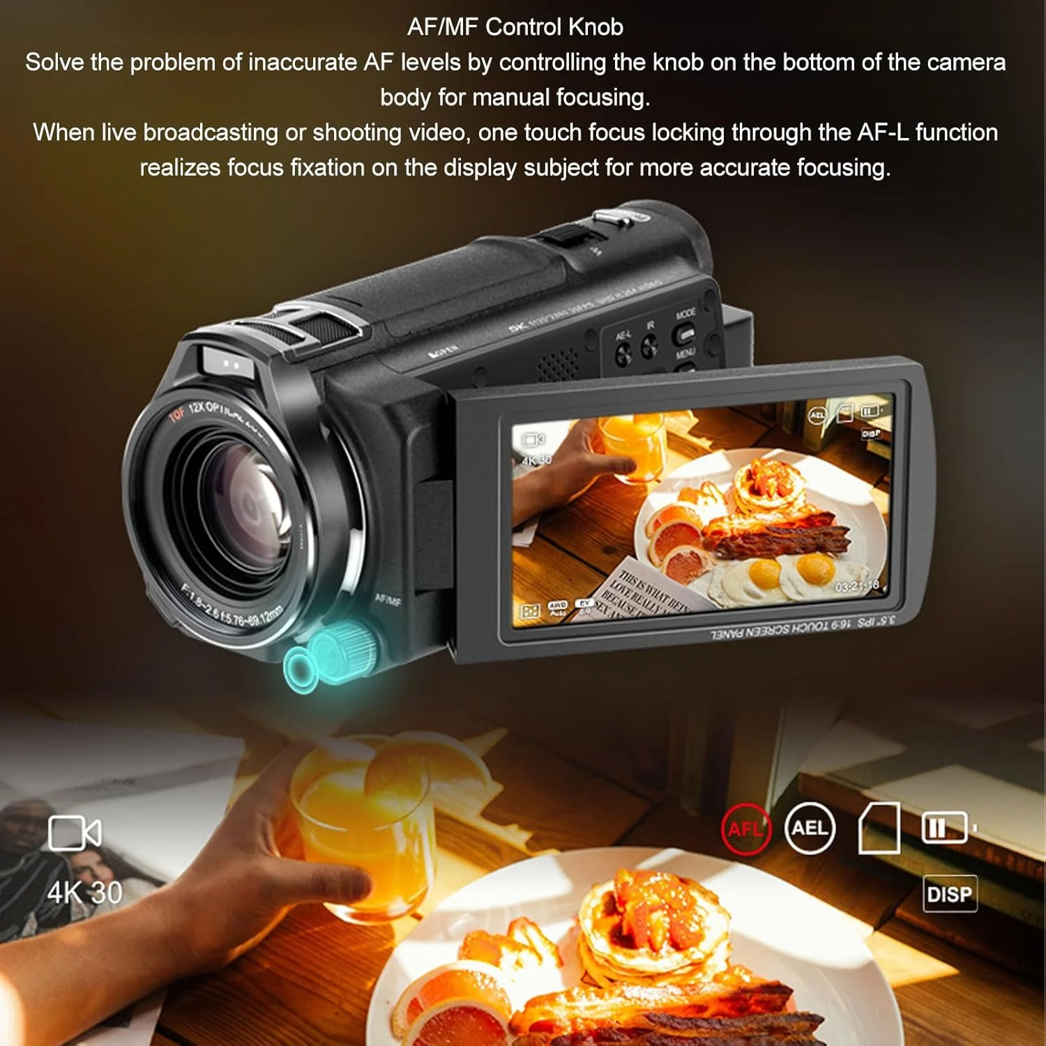 دوربین فیلمبرداری 5K، دوربین فیلمبرداری 48 مگاپیکسلی با زوم اپتیکال 12X برای یوتیوب، صفحه لمسی چرخشی 3.5 اینچی WDR ضد لرزش دوربین ولاگینگ دوربین DV برای سفر خانگی