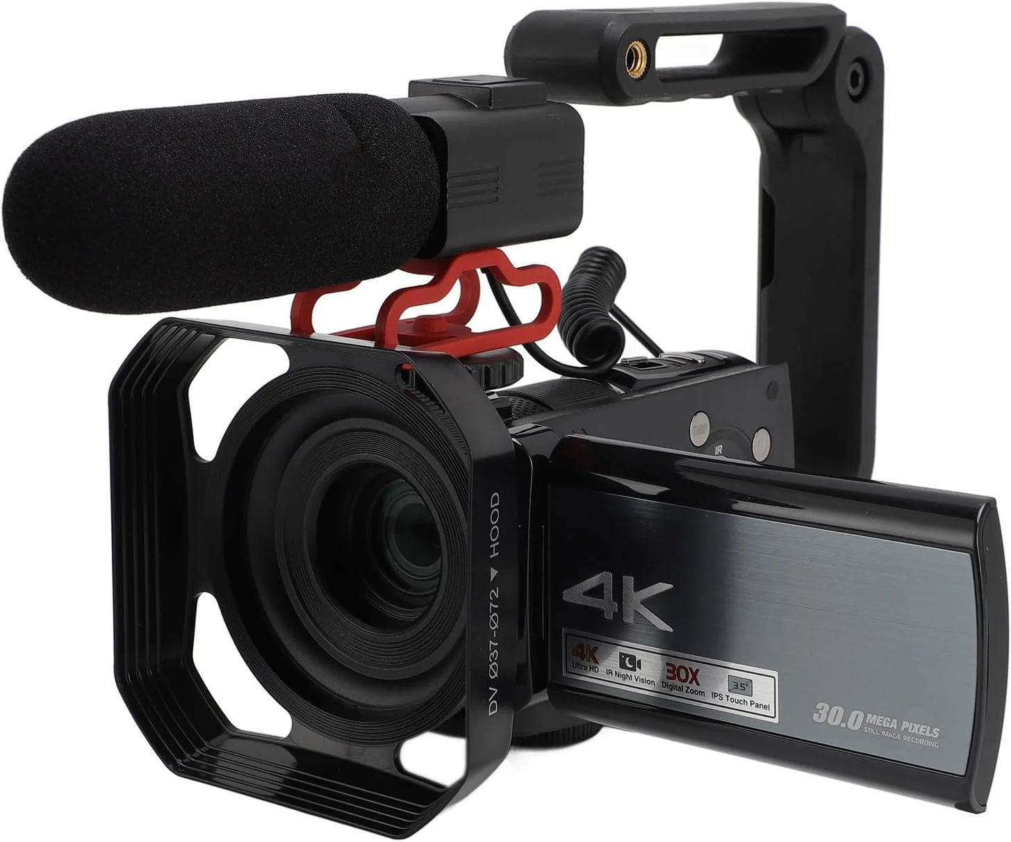 دوربین فیلمبرداری 4K، دوربین فیلمبرداری 30 مگاپیکسل، دوربین فیلمبرداری 4K با صفحه لمسی 3.5 اینچی، زوم 30 برابر، دوربین ضبط ویدئو ضد لرزش با هود لنز میکروفون خارجی