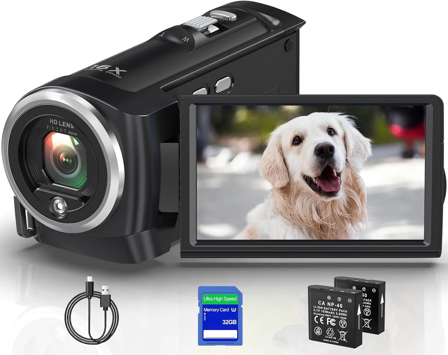 دوربین فیلمبرداری 2.7K QHD 50MP دوربین ولاگ یوتیوب زوم دیجیتال 16X وب کم صفحه نمایش چرخش 270 درجه با کارت SD 32 گیگابایتی و 2 باتری قابلیت ضبط در حین شارژ