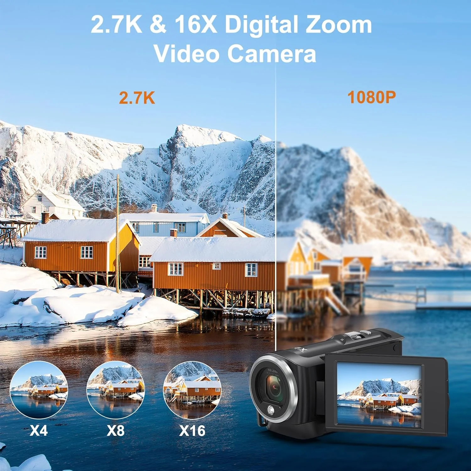 دوربین فیلمبرداری، دوربین فیلمبرداری QHD 2.7K 50MP 16X دیجیتال برای یوتیوب، ضبط کننده ویدیویی با صفحه نمایش 2.8 اینچی با قابلیت چرخش 270 درجه، دوربین ولاگینگ با کارت 32 گیگابایتی و دو باتری