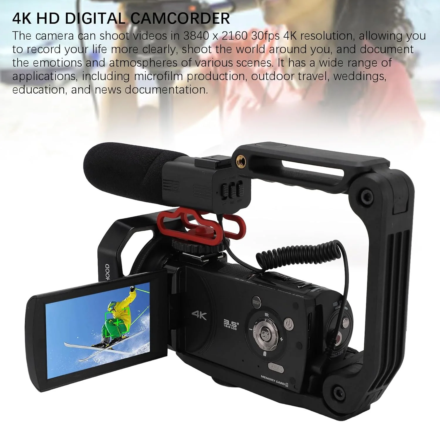 دوربین فیلمبرداری 4K، دوربین فیلمبرداری 30 مگاپیکسل، دوربین فیلمبرداری 4K با صفحه لمسی 3.5 اینچی، زوم 30 برابر، دوربین ضبط ویدئو ضد لرزش با هود لنز میکروفون خارجی