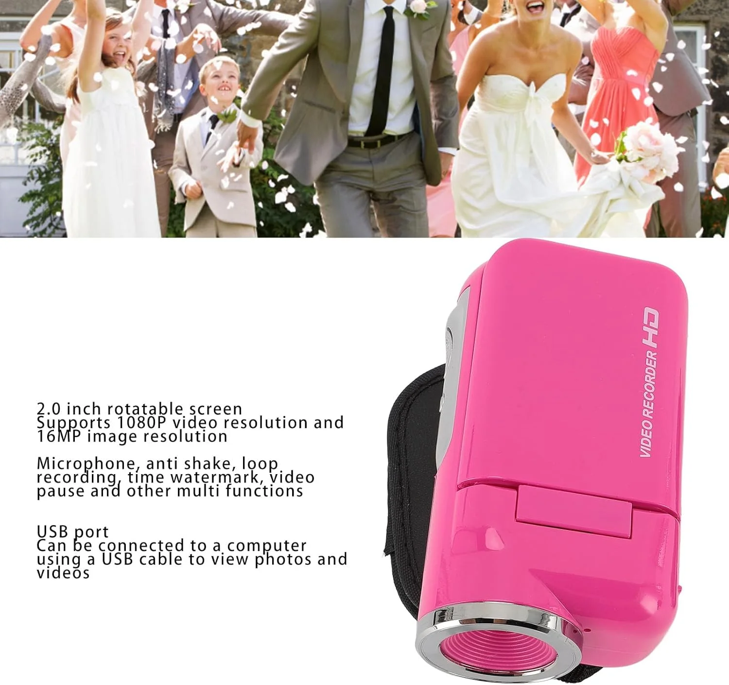 دوربین فیلمبرداری، دوربین فیلمبرداری 4K 1080P 16 مگاپیکسلی با صفحه نمایش چرخان 2.0 اینچی، دوربین زوم دیجیتال 16 برابر با میکروفون داخلی، ضد لرزش، برای مسافرت، عروسی، ضبط های مدرسه