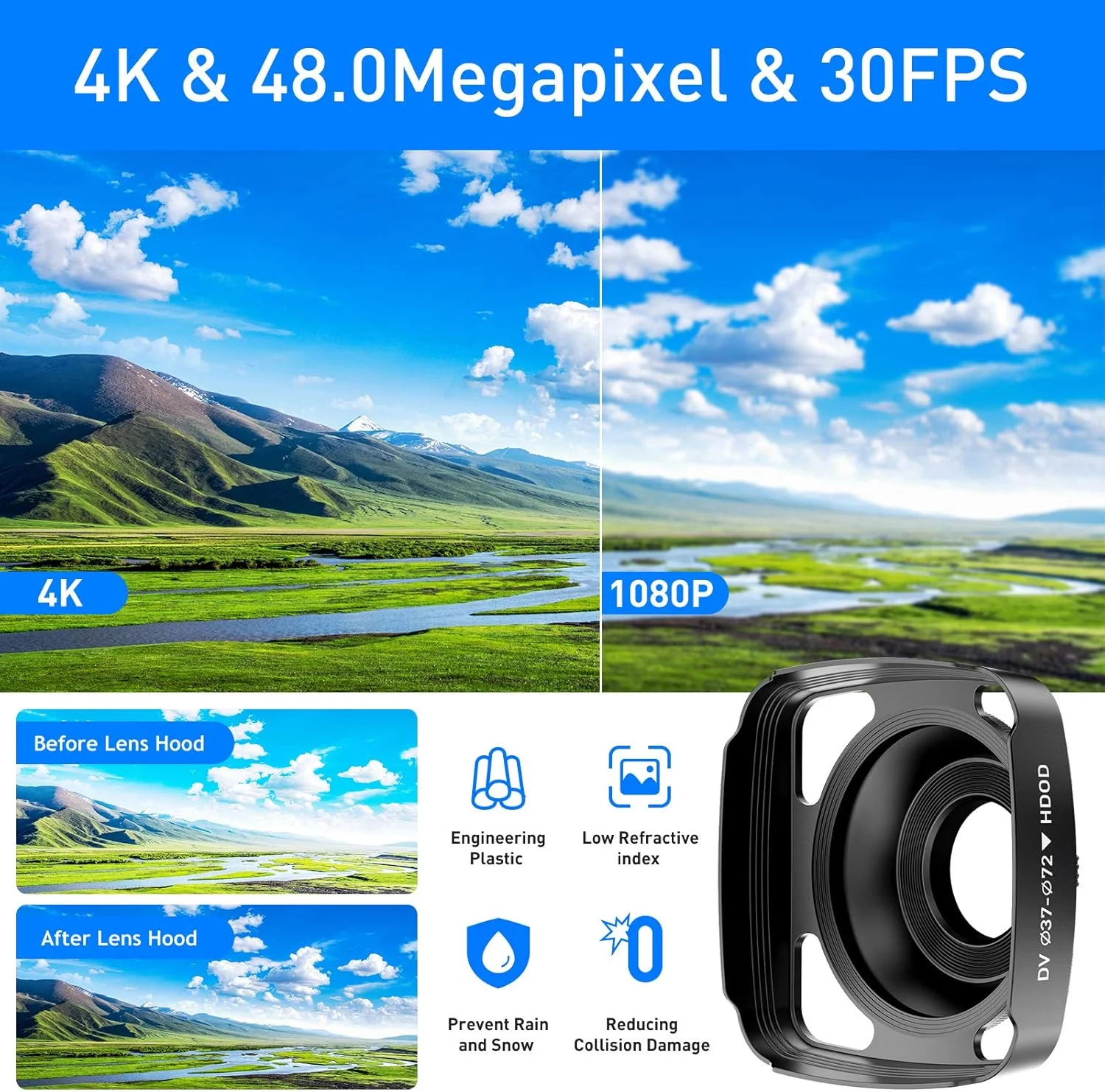 دوربین فیلمبرداری 4K UHD 48MP WiFi دید در شب مادون قرمز دوربین ولاگینگ برای یوتیوب صفحه لمسی زوم دیجیتال 16X ضبط کننده دوربین با میکروفون، تثبیت کننده دستی، هود لنز، ریموت، 2 باتری