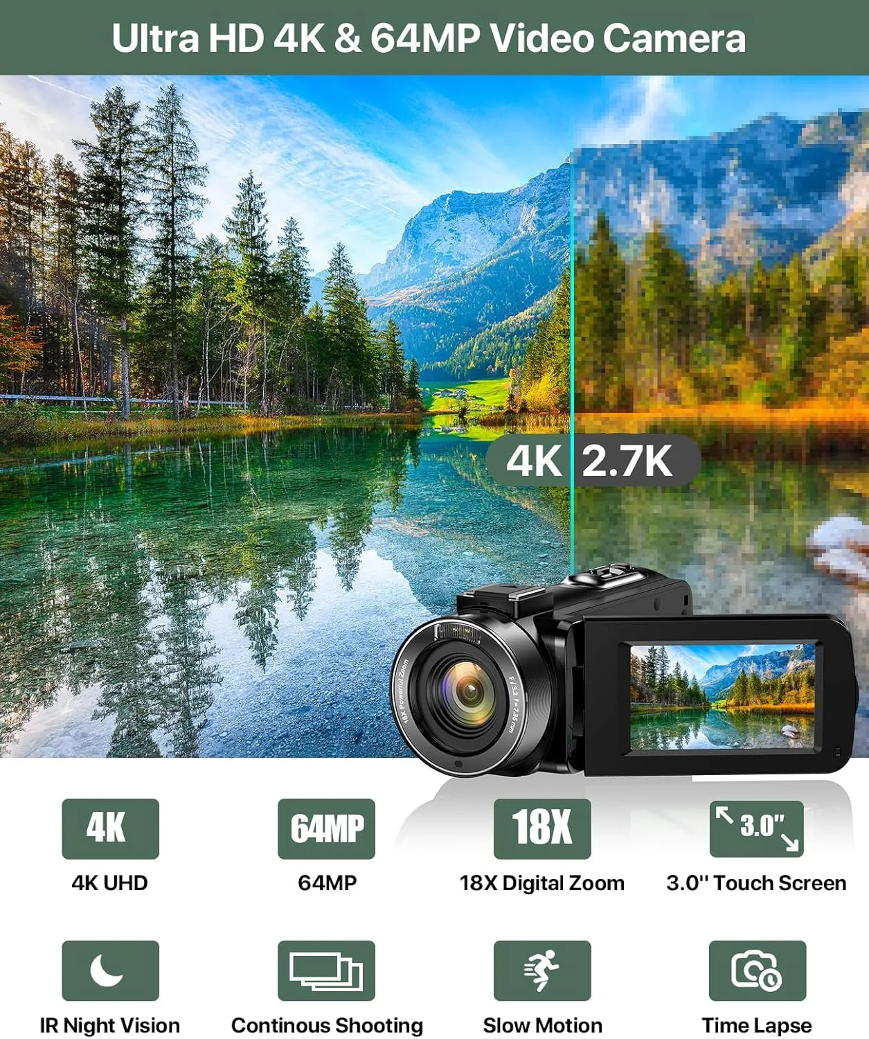 دوربین فیلمبرداری 4K با کیفیت 64 مگاپیکسل، زوم دیجیتال 18X، صفحه لمسی 3.0 اینچی، دید در شب IR با میکروفون استریو خارجی، تثبیت کننده دستی، ریموت، هود لنز، کارت حافظه 32 گیگابایتی و 2 باتری دوربین فیلمبرداری 4K با کیفیت 64 مگاپیکسل، زوم دیجیتال 18X، صفحه لمسی 3.0 اینچی، دید در شب IR با میکروفون استریو خارجی، تثبیت کننده دستی، ریموت، هود لنز، کارت حافظه 32 گیگابایتی و 2 باتری
