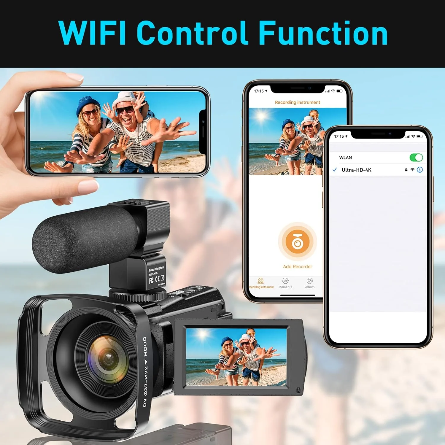 دوربین فیلمبرداری 4K UHD 48MP WiFi دید در شب مادون قرمز دوربین ولاگینگ برای یوتیوب صفحه لمسی زوم دیجیتال 16X ضبط کننده دوربین با میکروفون، تثبیت کننده دستی، هود لنز، ریموت، 2 باتری